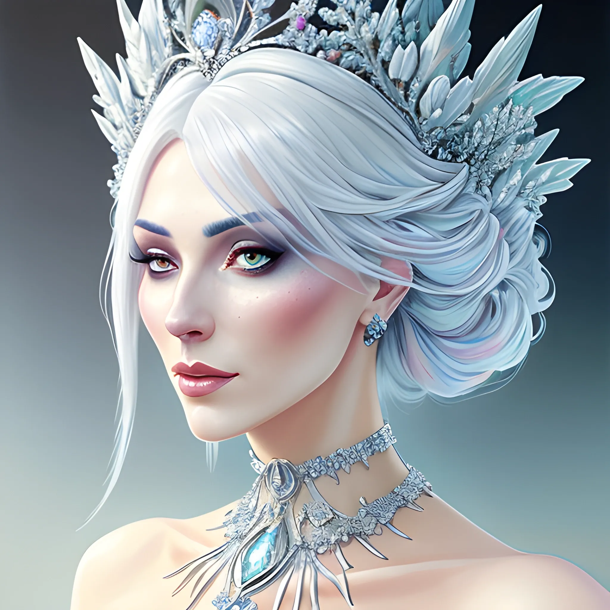 Woman with platinum hair, in a dress of ice flowers, a beautiful crown on her head, detailed face, detailed skin, front, background frozen forest, cover, unzoom, choker, hyperdetailed painting, luminism, Bar lighting, complex, 4k resolution concept art portrait by Greg Rutkowski, Artgerm, WLOP, Alphonse Mucha, little fusion pojatti realistic goth, fractal isometrics details bioluminescens : a stunning realistic photograph 30 years, Oil Painting