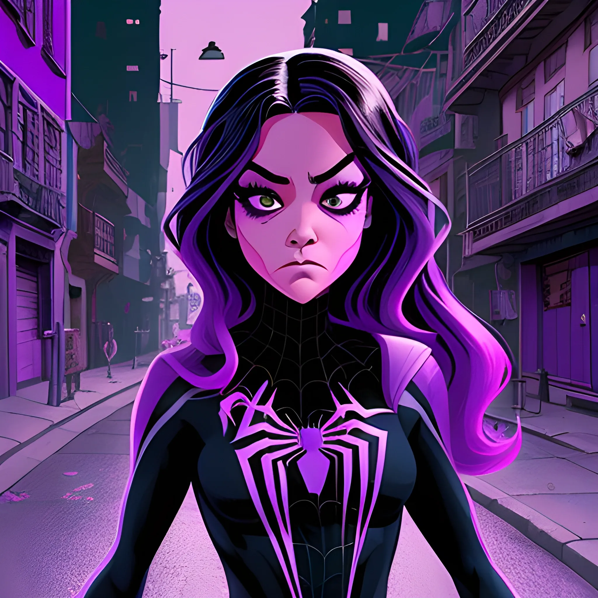 Mujer, ojos violetas, cabello oscuro, bonita, estilo spiderman across the spider verse, caminando a lado de Miguel O'hara
