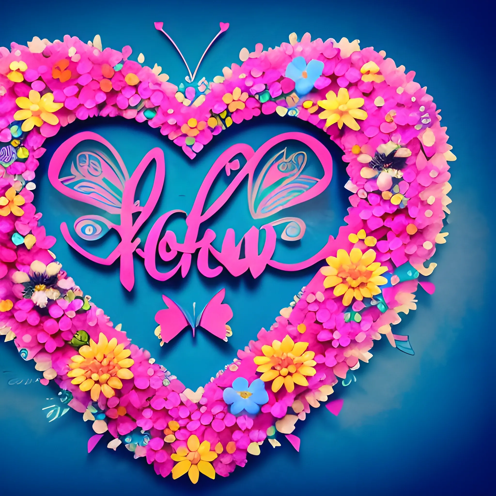 word : "XOCHITL" writtek by HEARTS, colorfull explosion. ultra detailed flowers. one pink butterfly on the upper right side. like disney pixar, cinematic, photo, vibrant, 3D