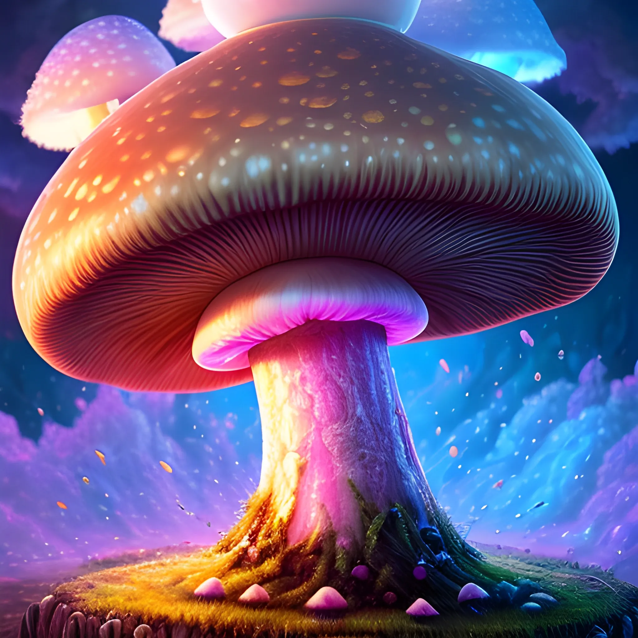 A magical mushroom, 8k resolution, Detailed magical head, background magical clouds, hyper detailed painting, ultra high definition