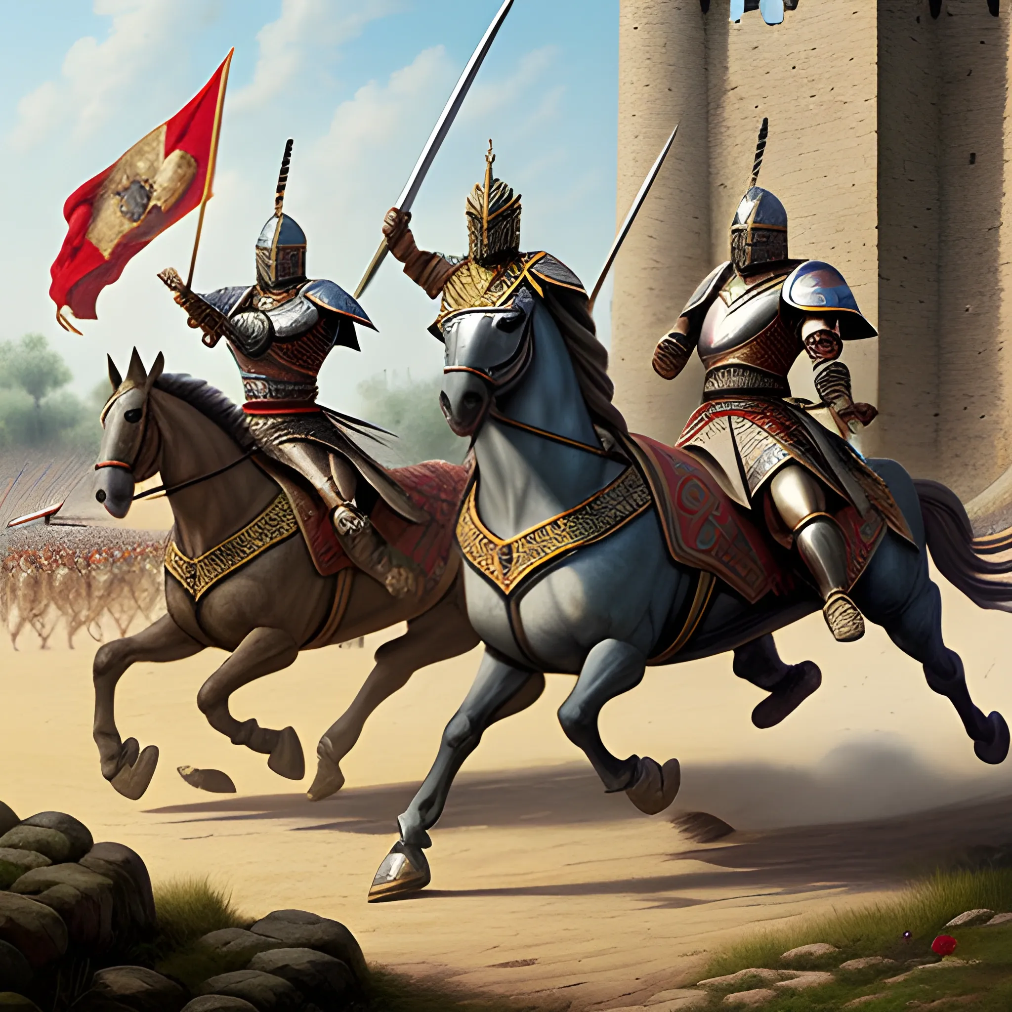 Warriors around the castle, chariots, horses, spears, flags, helmets, Armors, shooters, swords، hyper detailed painting, ultra high definition