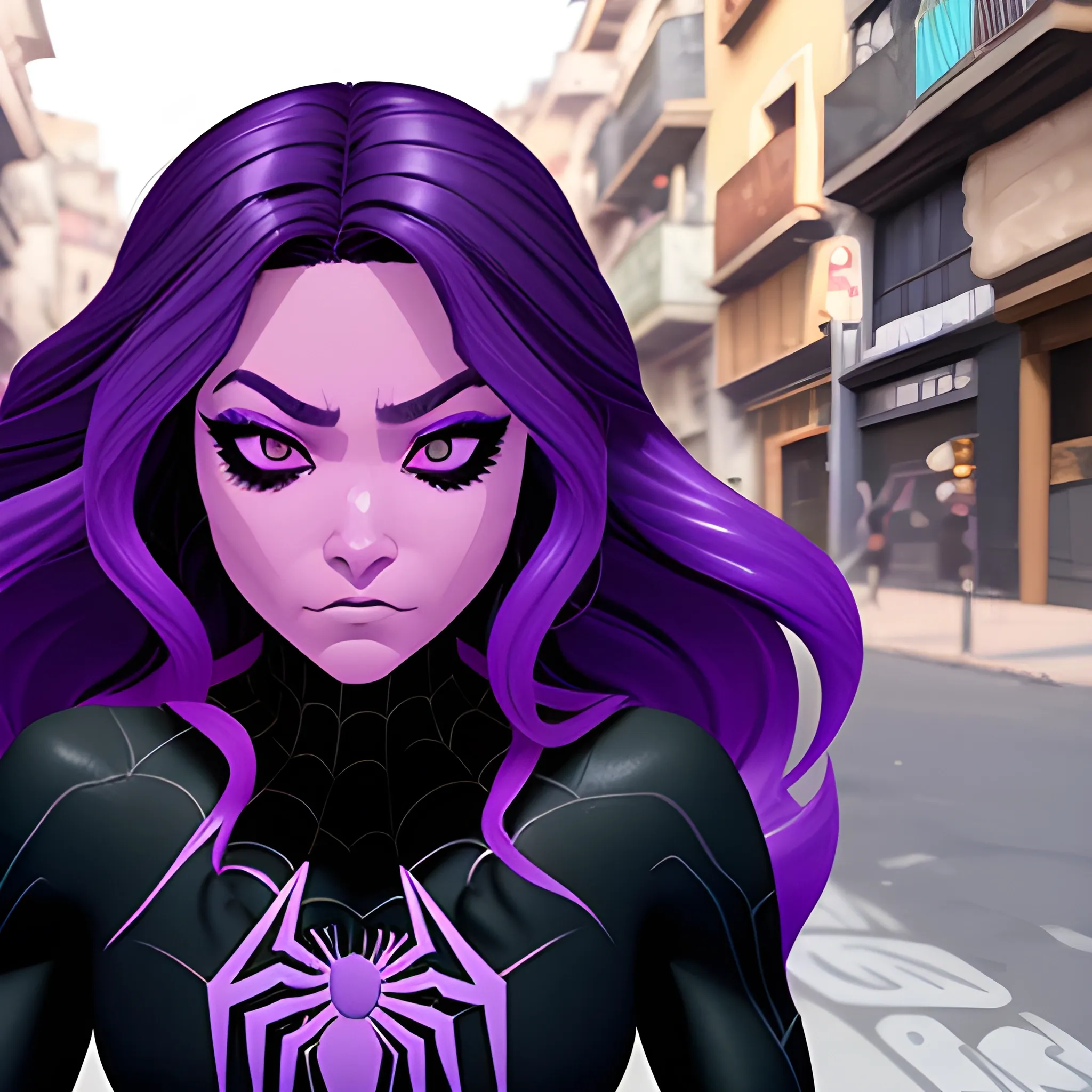 Mujer, ojos violetas, cabello oscuro, piel pálida, bonita, estilo spiderman across the spider verse, caminando a lado de Miguel O'hara 
