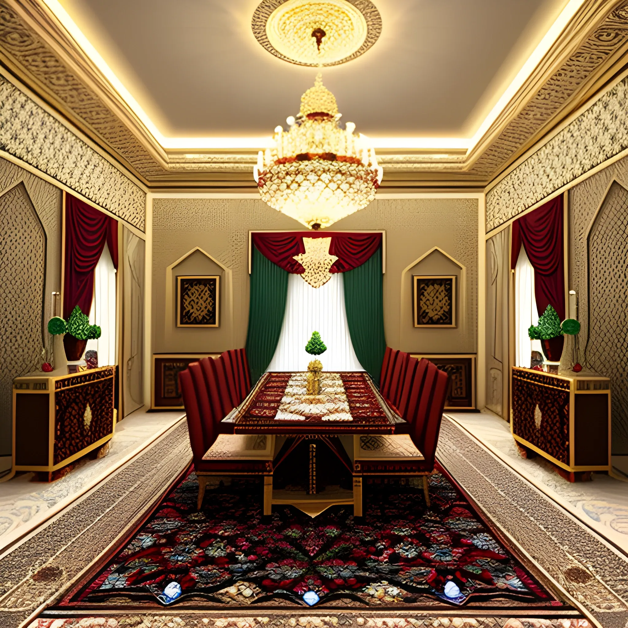 A beautiful Persian drawing room, as a voxel art, tiny voxels, detailed carpet, detailed room, detailed chandelier, ultra high definition, 4k resolution.