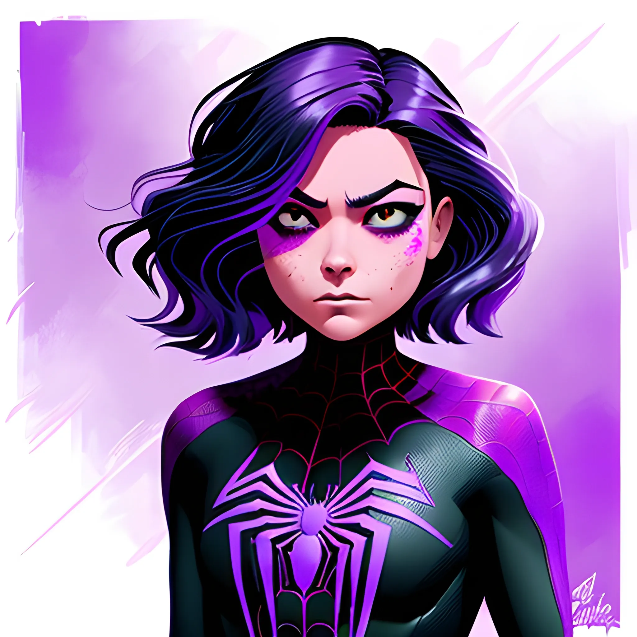 Mujer, ojos violetas, cabello oscuro, piel pálida, bonita, estilo spiderman across the spider verse, caminando a lado de Miguel O'hara.
