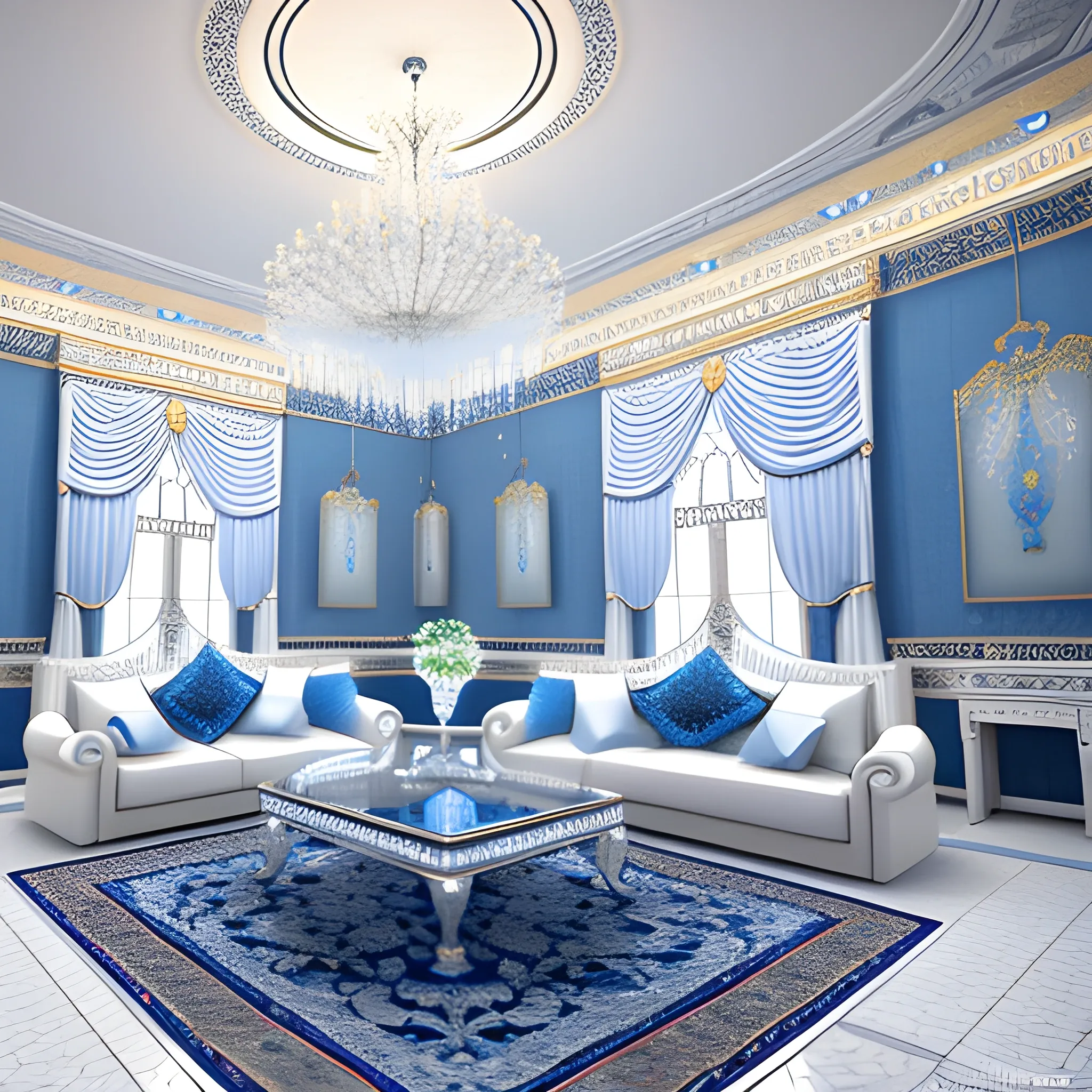 A beautiful Persian drawing room, as a voxel art, tiny voxels, detailed blue carpet, detailed white room, detailed silver cristal chandelier, ultra high definition, 4k resolution.