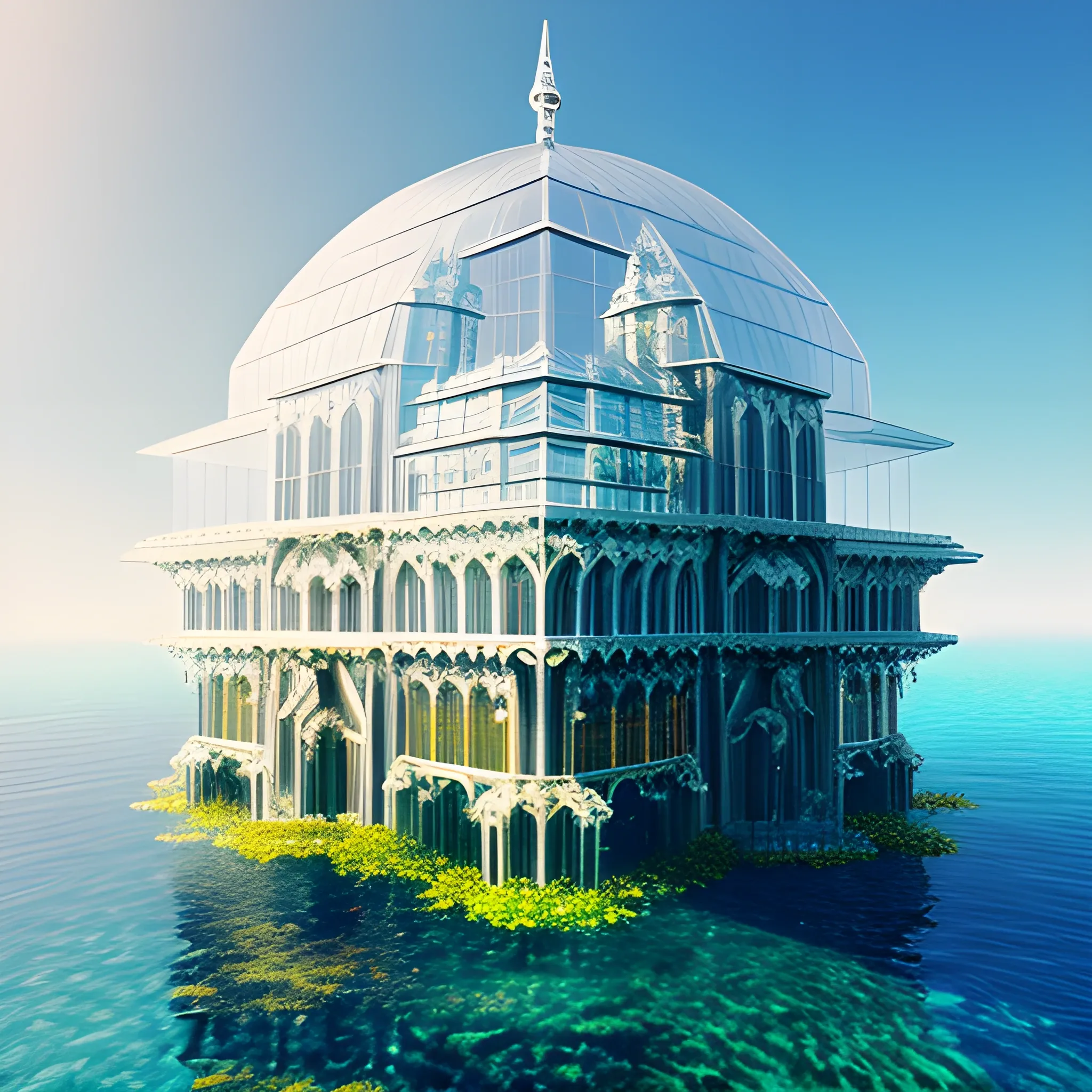 A beautiful glass palace, in Eden, floating on the water, background shining silver, great details, as a voxel art, tiny voxels, detailed face, not blur, quite clear, ultra high definition, 4k resolution