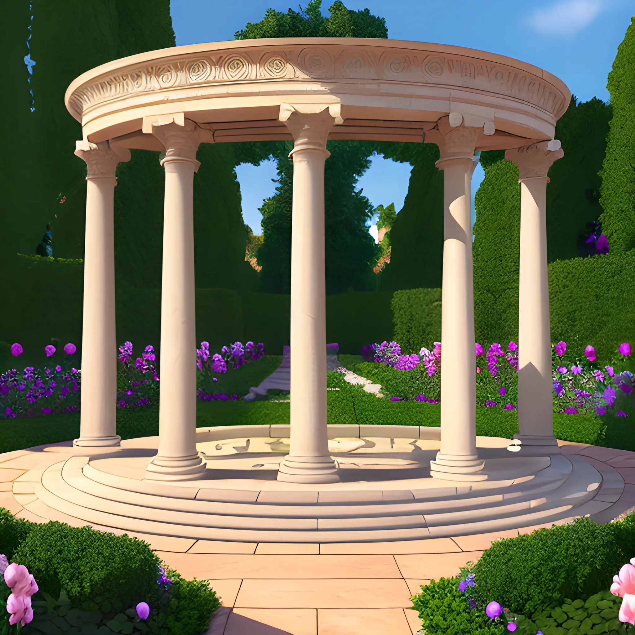 a digital illustration of a small party garden, 4k, detailed, 3d, with a classic style, roman architecture, flowered garden, with sacred geometry based.