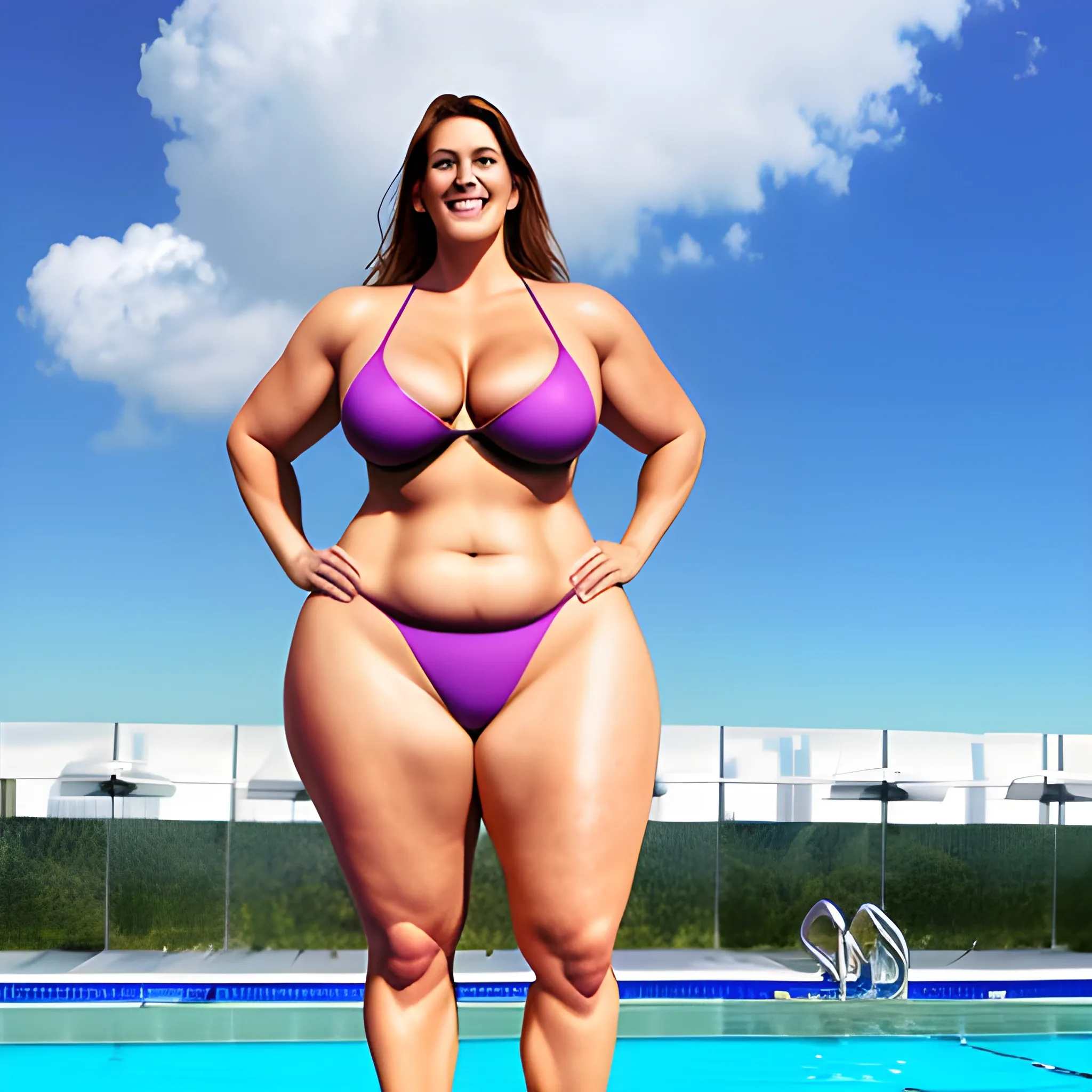 very tall large plus size muscular lovely, not curvy, blonde young girl with small head, very broad shoulders, straight body, small narrow pelvis, narrow slim hips, long thighs and legs, towering with little smile at swimming pool under the clouds 