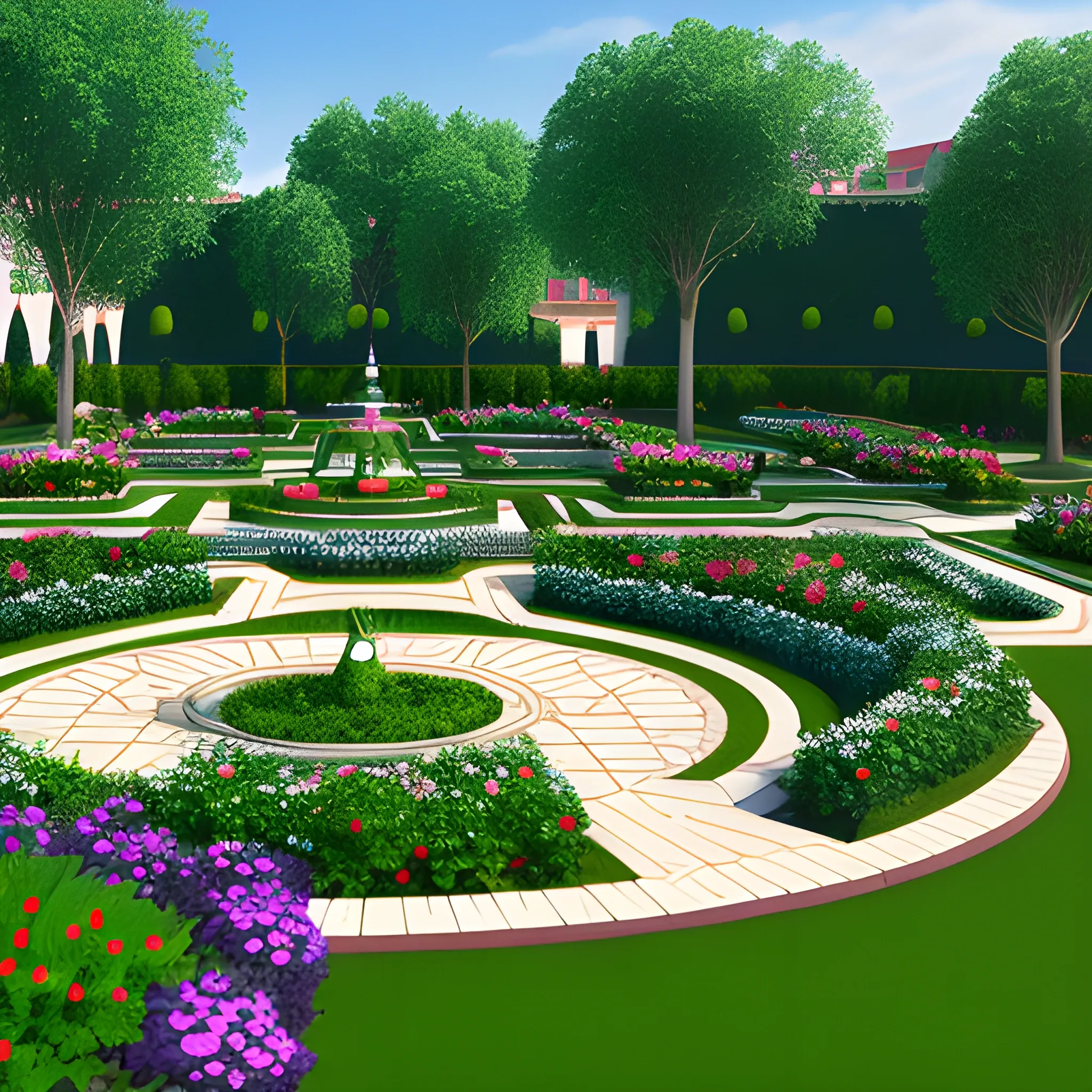 a digital illustration of a small party garden without trees, 4k, detailed, 3d, with a classic style, european architecture, flowered garden, with sacred geometry based. Tables for 40 people.