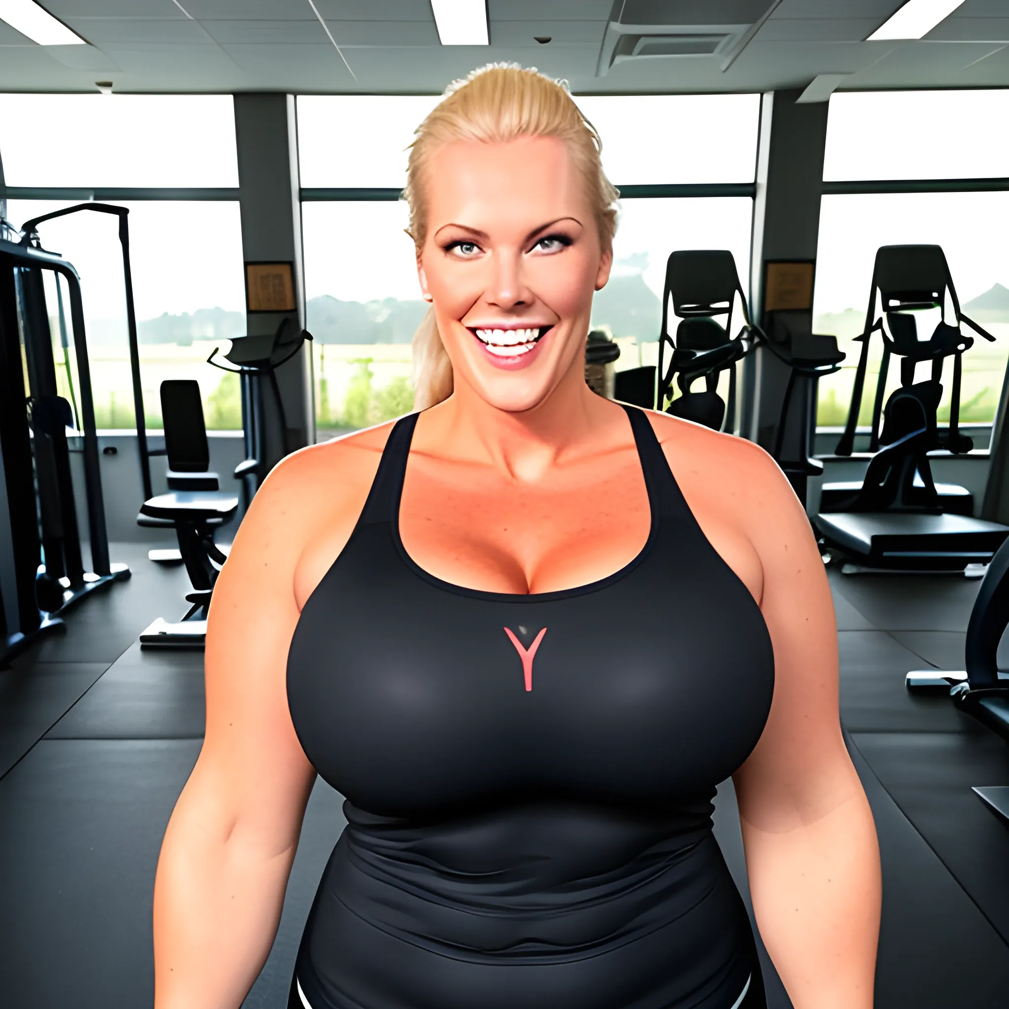 huge tall and strong plus size friendly blonde young girl working out with decent smile