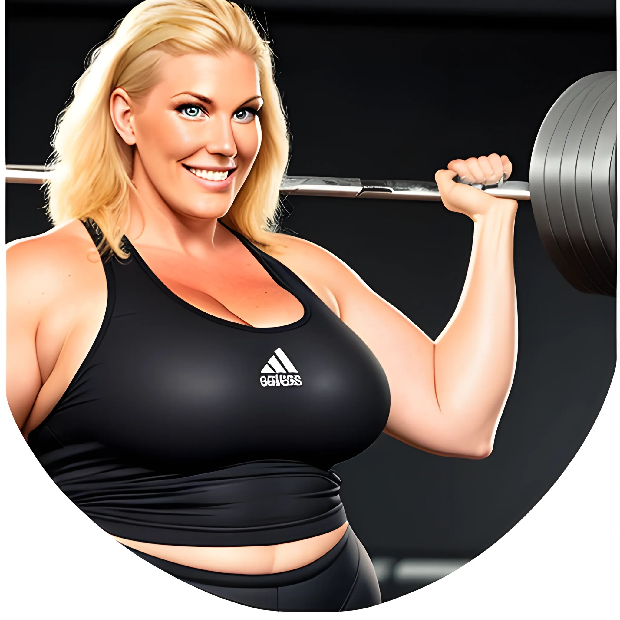 huge tall and strong plus size friendly blonde young girl working out with decent smile towering in the gym