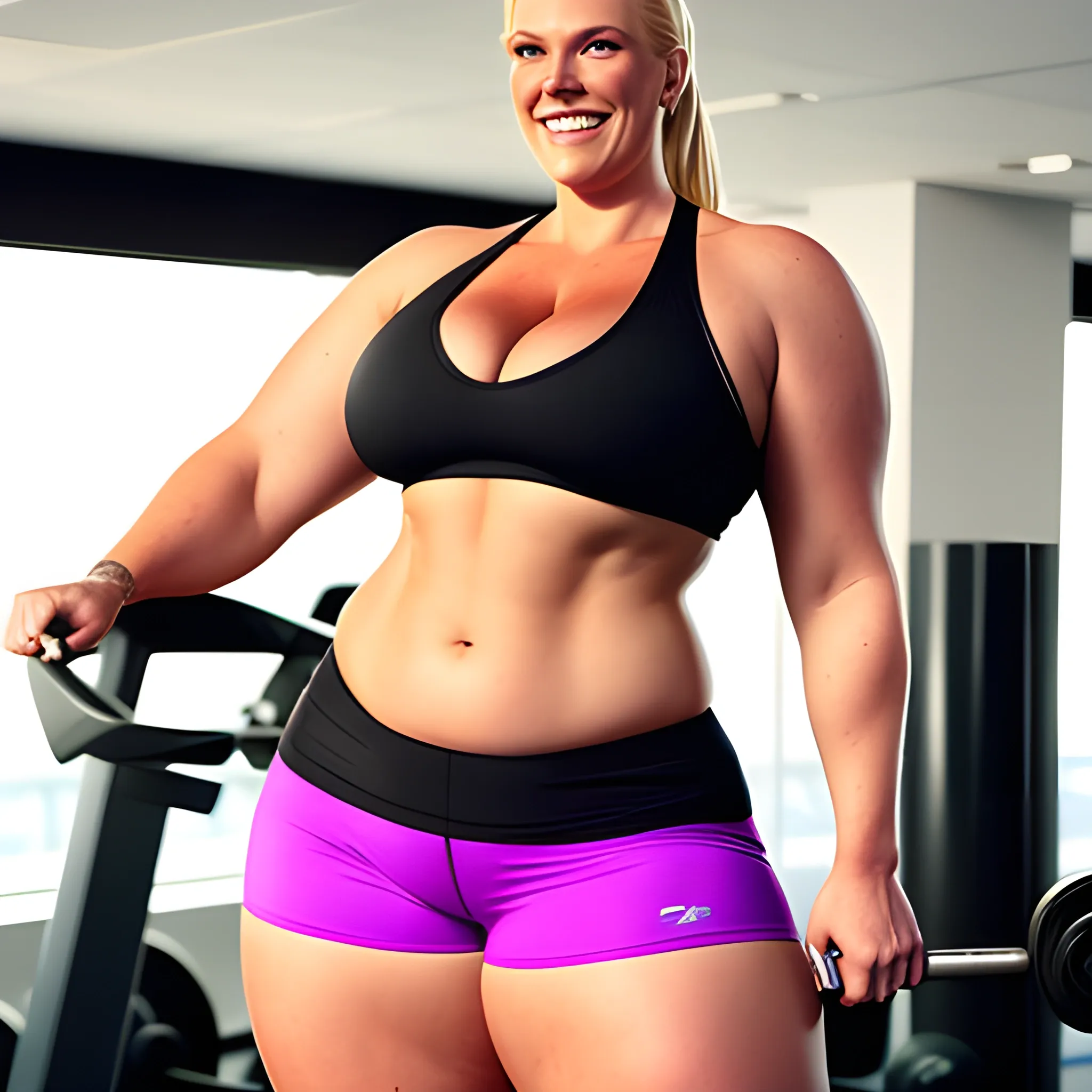 huge tall and strong plus size friendly blonde young girl working out with decent smile towering in the gym 