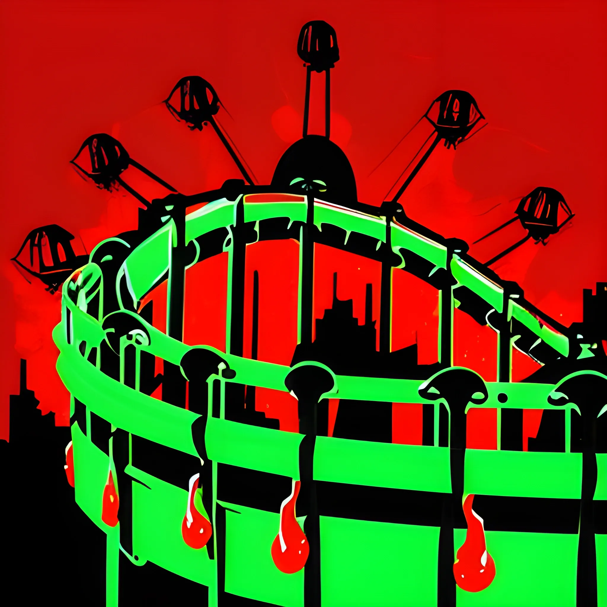 amusement park rides in silhouette with a red blood dripping or green "blood dripping." Maybe include or not a sketch of the wrapped body.