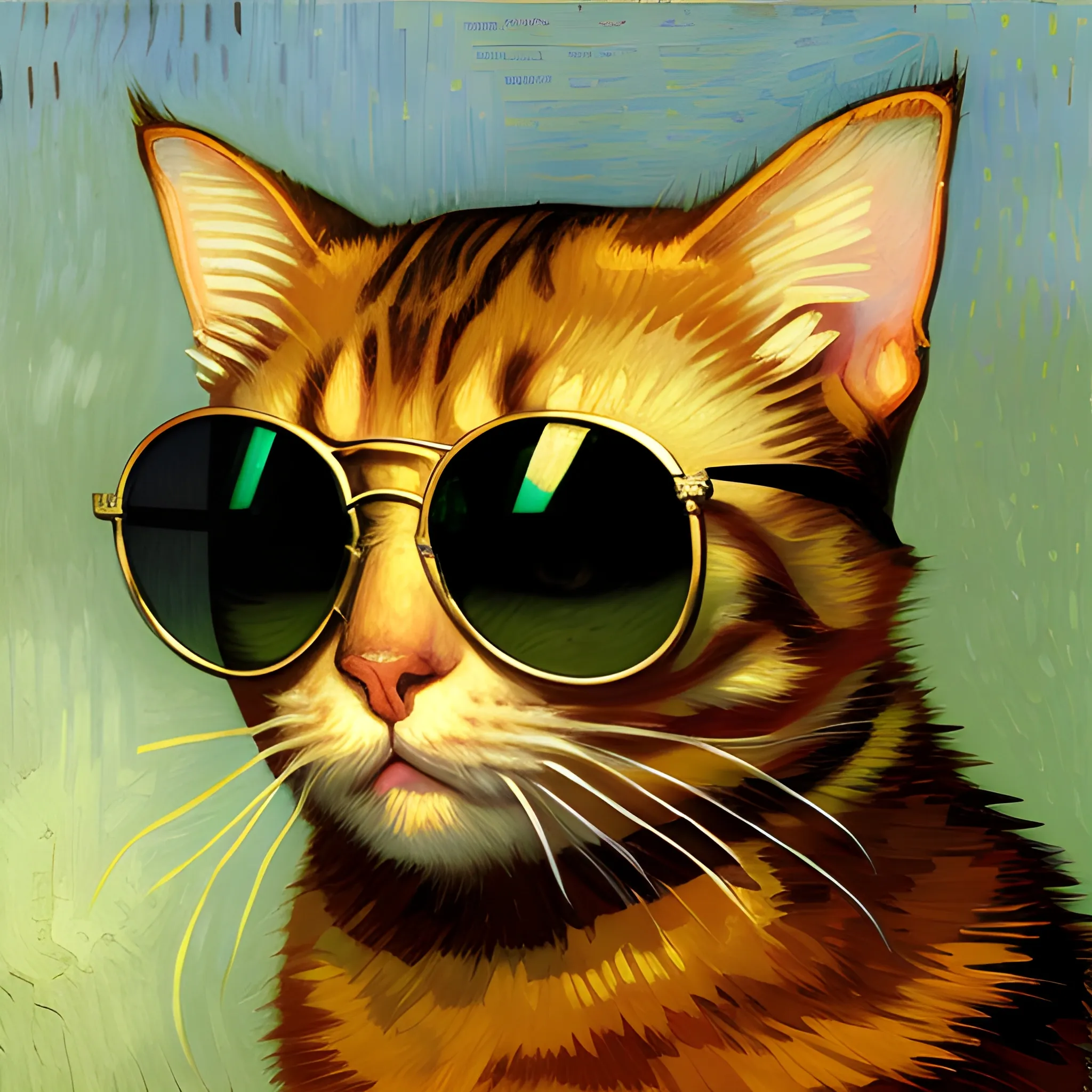  cat wear sunglasses, digital-art, Natural light, by Vincent van Gogh --uplight --hd, Oil Painting