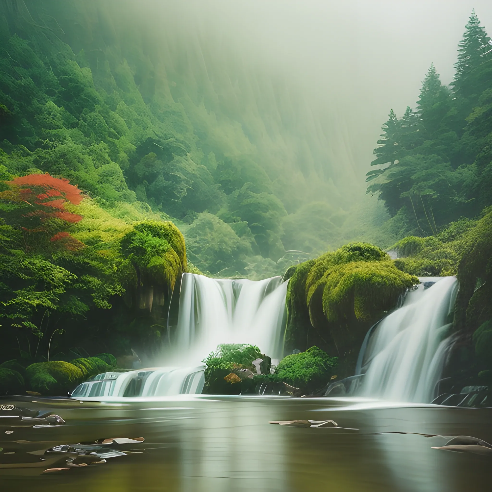 "Captivating and soothing landscapes that evoke a sense of tranquility and peace, gentle colors, serene natural settings, soft morning light, misty mountains, calming waterfalls, lush greenery, a moment of serenity captured in a photograph."