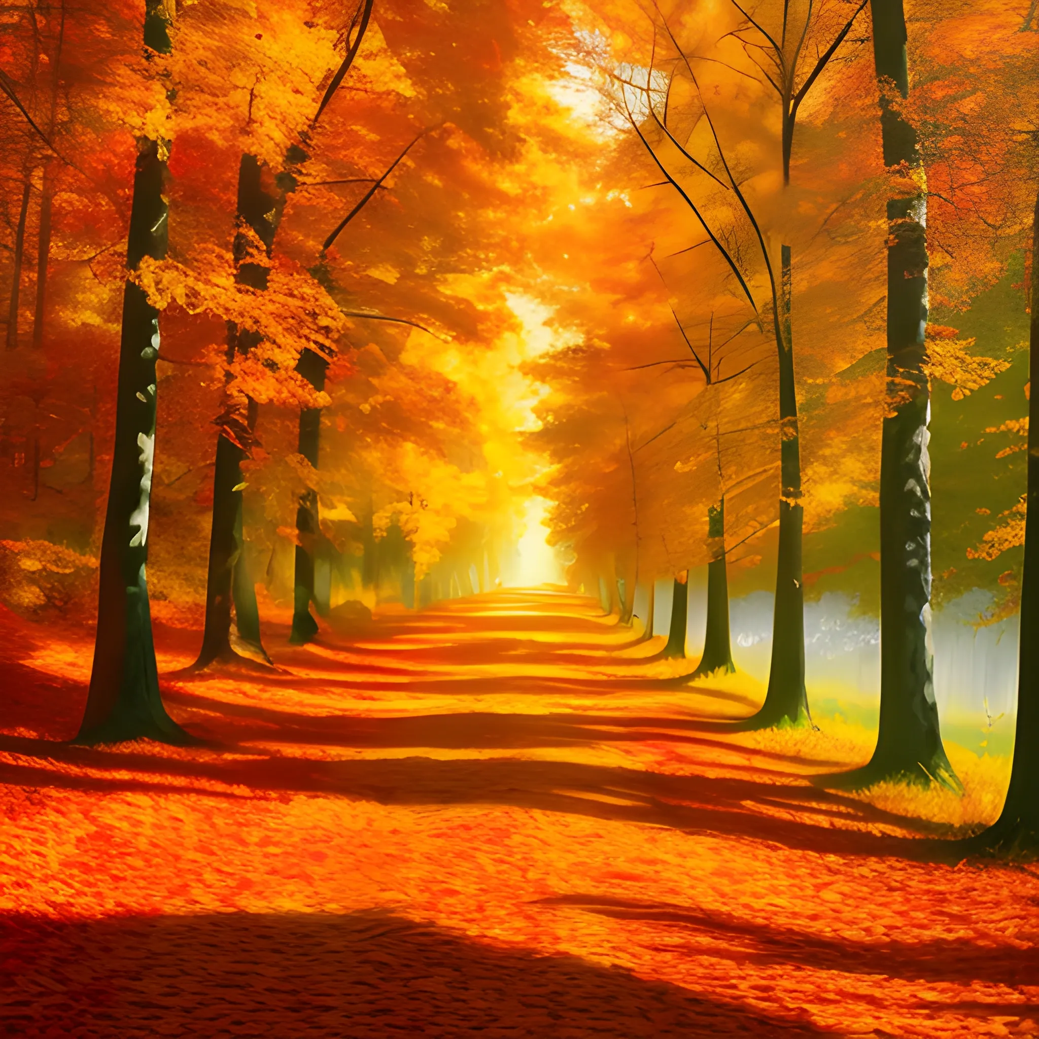 "Vibrant and enchanting autumn landscapes, capturing the true beauty of fall, rich golden hues, fiery red and orange leaves, crisp cool air, scenic countryside or forest trails, sunlight filtering through the foliage, a sense of nostalgia and warmth, a picturesque scene that celebrates the wonders of the season.", Trippy