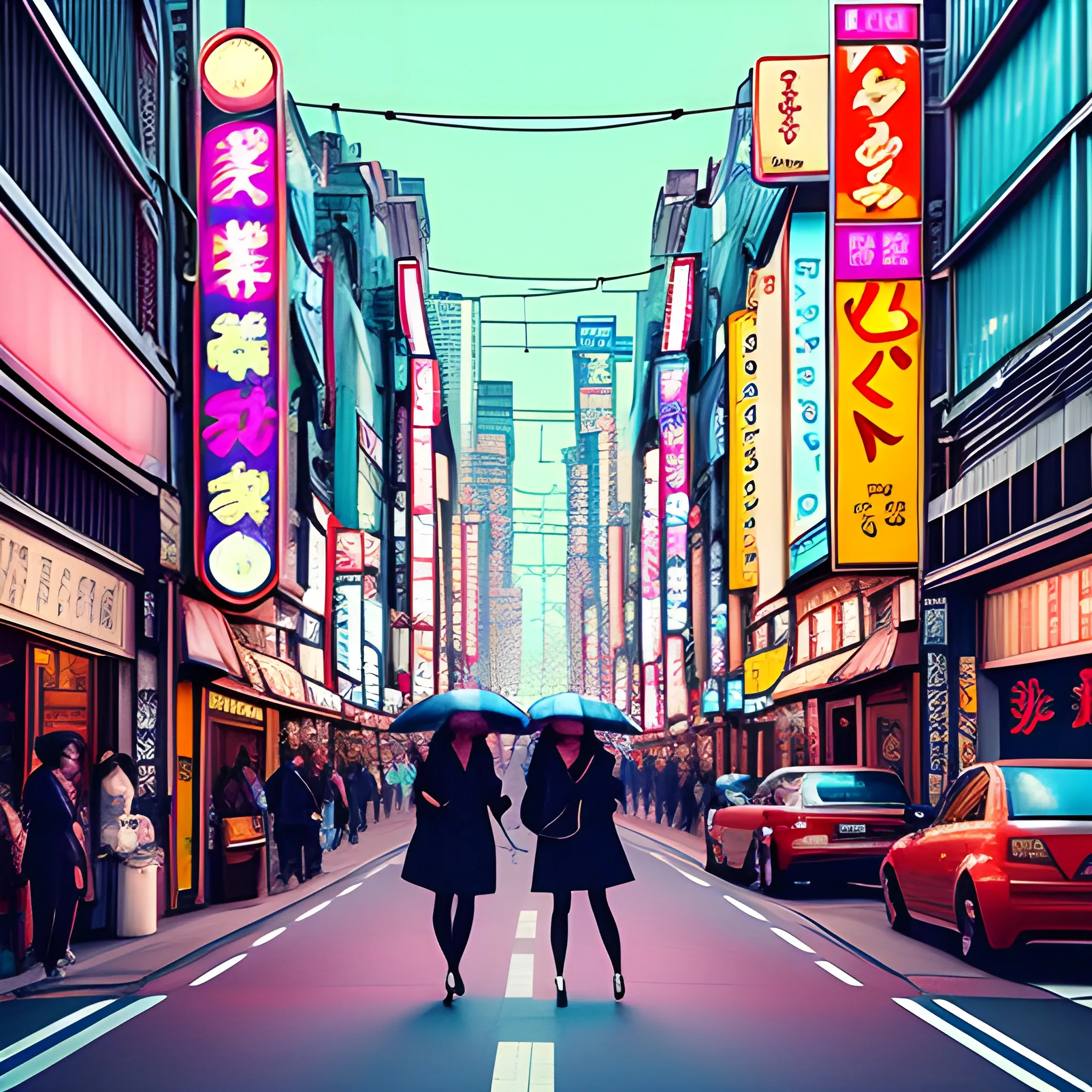 "Step into the vibrant streets of Tokyo as you witness the charm of two girls taking a leisurely stroll. The bustling cityscape forms a dynamic backdrop as they explore the colorful alleys and lively intersections. Capture the energy and excitement of urban life, with neon lights illuminating their path. This prompt sets the stage for a delightful depiction of friendship, fashion, and the unique atmosphere of Tokyo's streets, creating an enchanting scene that invites viewers to immerse themselves in the magic of the moment."