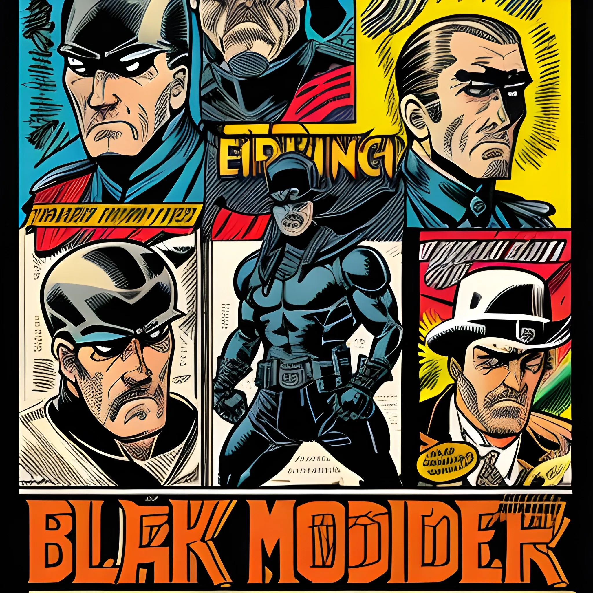 Black Rider comic book cover, retro ephemera style, Frederick Morgan,Terrorist overtones, bold colors,, Cartoon