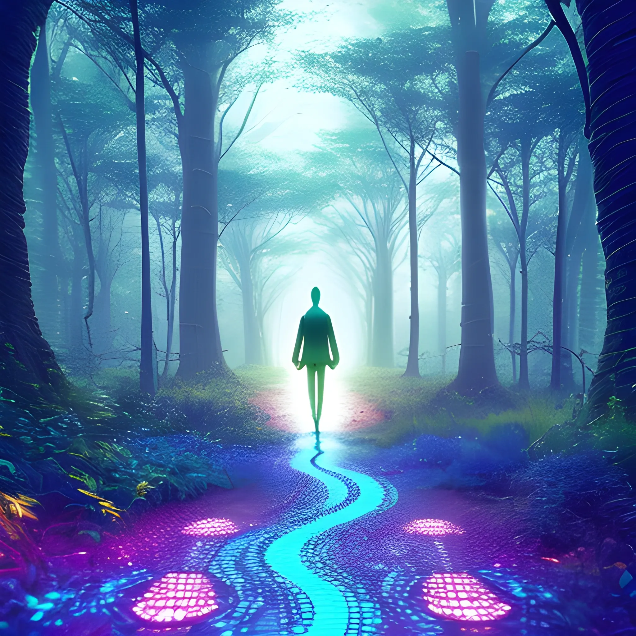 A path that leads to new pathways, human walking
in the light, journey towards freedom, 8k, 3D,
realistic, bioluminescent, fantasy, , Trippy, Trippy, trippy trippy trippy trippy 