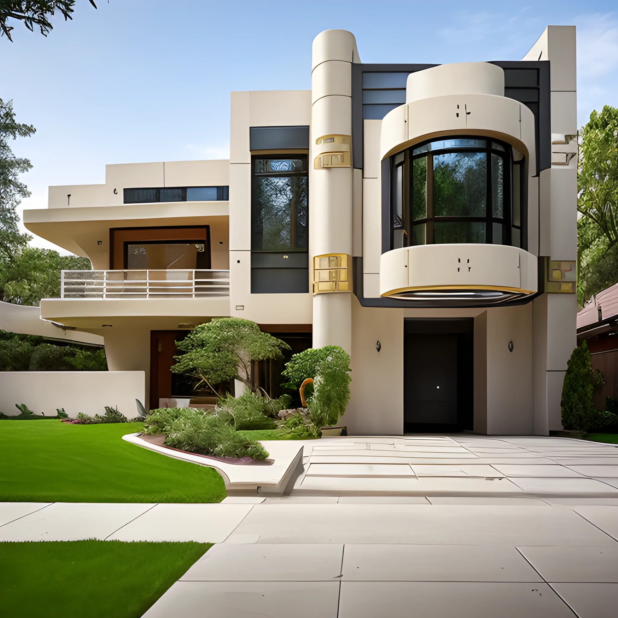 Raw photo Fujiflim XT3 camera front view of A modern 3-storey house architecture with large driveway, Alphonse mucha brick design, two big gold and White front doors, tall tree growing on front lawn, sunny day. Frank Lloyd Wright and Zaha Hadid