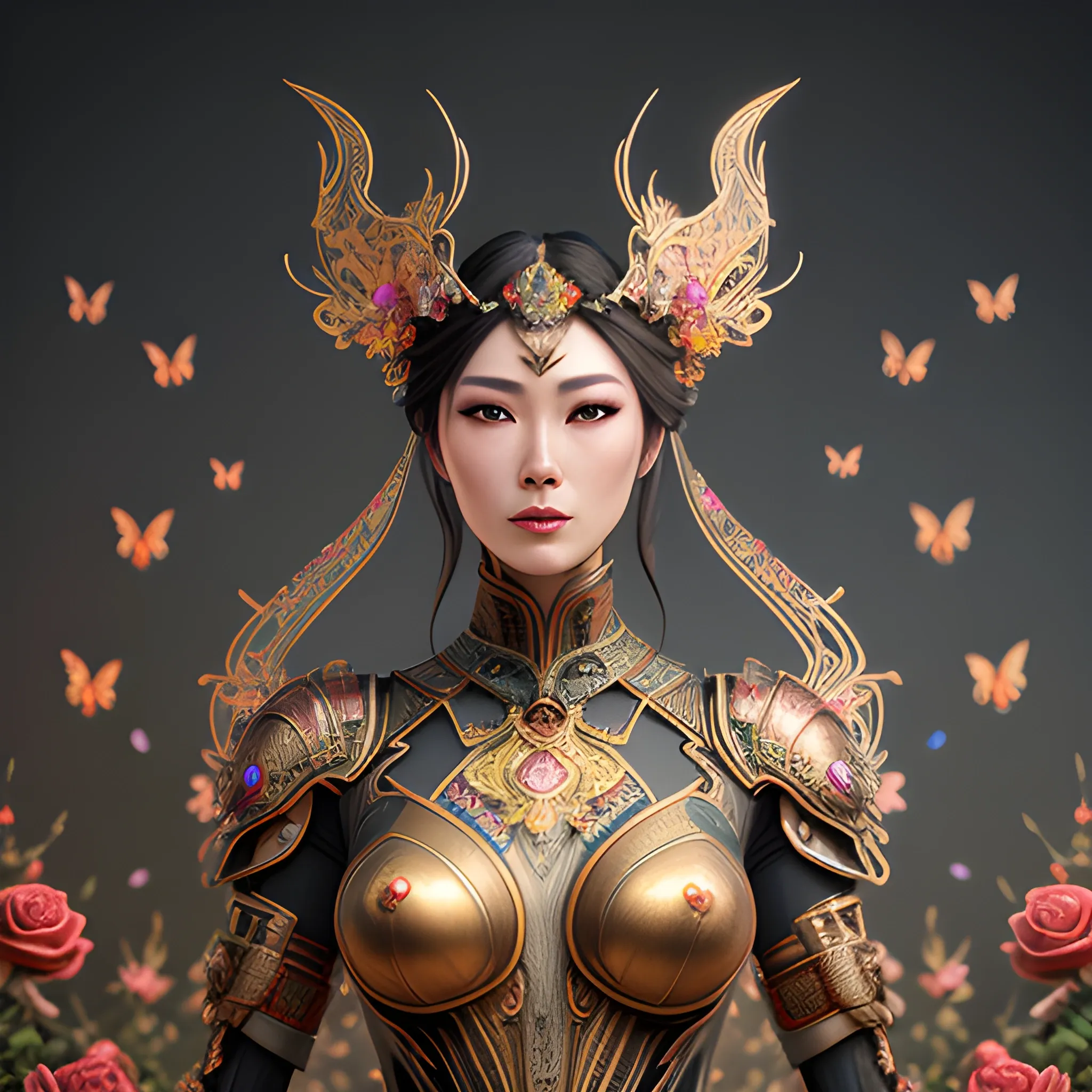 Photorealistic beautiful Chinese girl in a garden full of roses and butterflies, master HD photo, light hair, full body, cover, hyperdetailed painting, luminism, Bar lighting, complex, 4k resolution concept art portrait by Greg Rutkowski, Artgerm, WLOP, Alphonse Mucha, little fusion pojatti realistic steampunk, fractal isometrics details bioluminescens : a stunning realistic photograph 30 years ,3d render, octane render, intricately detailed, titanium decorative headdress, cinematic, trending on artstation | Isometric | Centered hipereallistic cover photo awesome full color, hand drawn, dark, gritty, realistic mucha, klimt, erte .12k, intricate. hit definition , cinematic,Rough sketch, mix of bold dark lines and loose lines, bold lines, on paper , full body with velvet dress, humanoid, Full body., Trippy