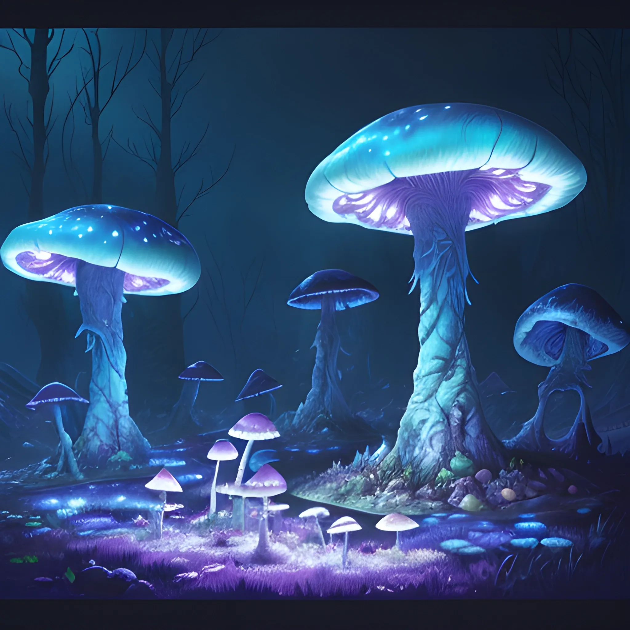 concept art painting of a fantasy alien fungal landscape at night, with glowing blue lights, glowing blue mushrooms, dark purple sky, realistic, detailed, cel shaded, in the style of makoto shinkai and greg rutkowski and albert bierstadt and james gurney , Cartoon, Water Color, Trippy, 3D