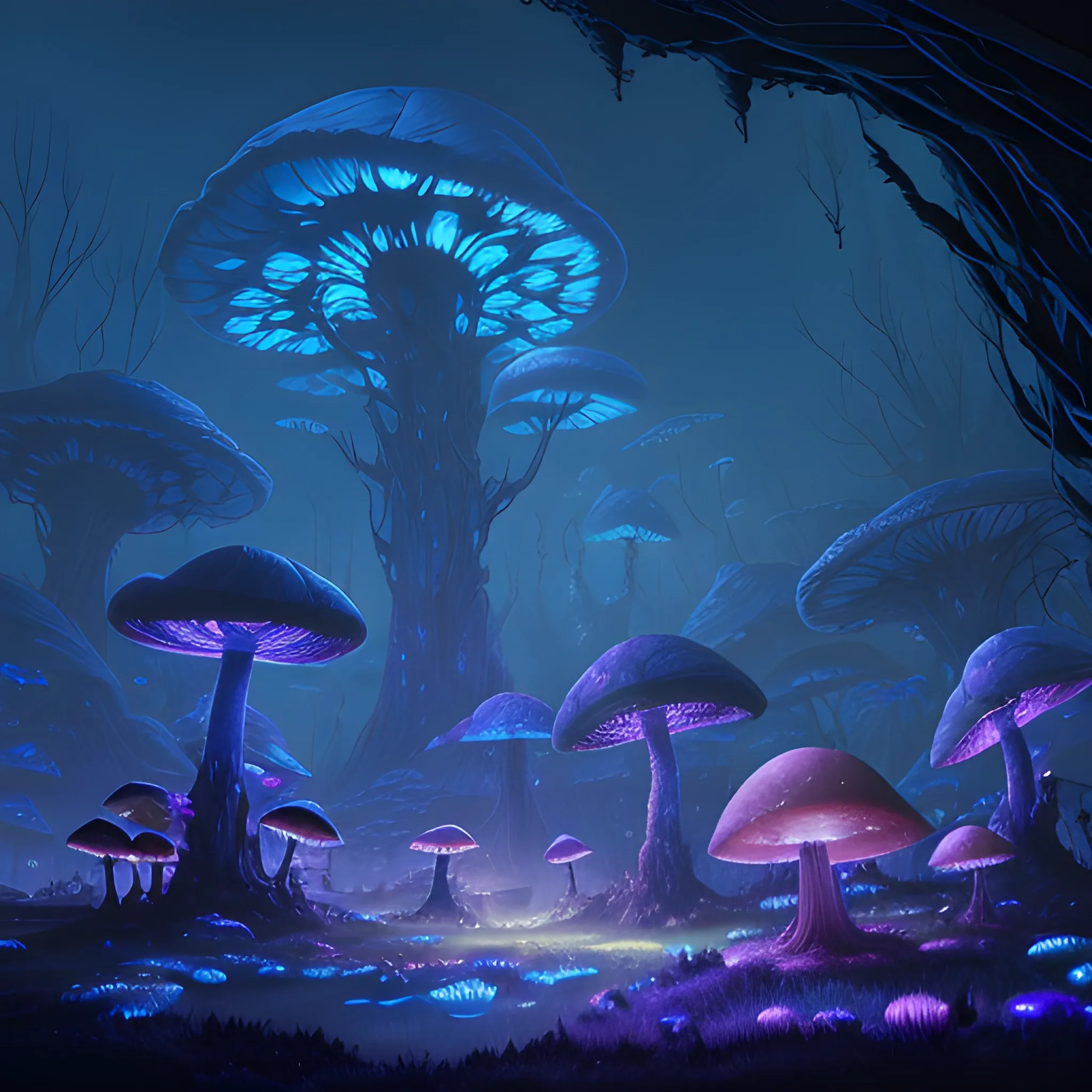 concept art painting of a fantasy alien fungal landscape at night, with glowing blue lights, glowing blue mushrooms, dark purple sky, realistic, detailed, cel shaded, in the style of makoto shinkai and greg rutkowski and albert bierstadt and james gurney 