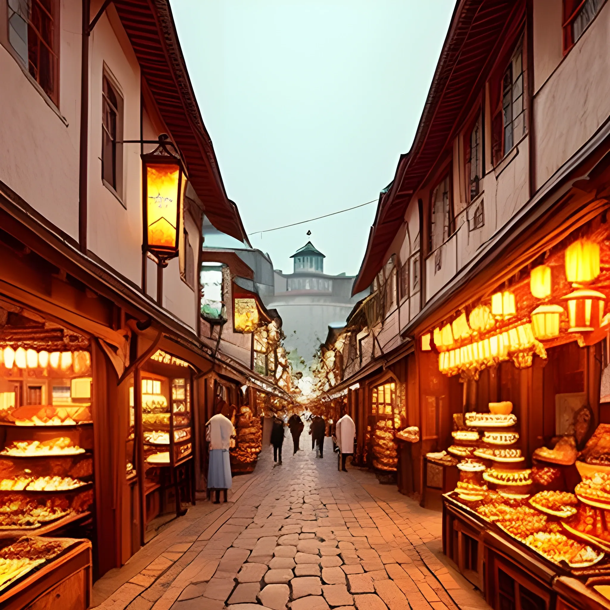 Captivating nostalgia of an ancient town, with traditional architecture, quaint alleyways, vibrant market scenes, lantern-lit streets, and cultural heritage.





