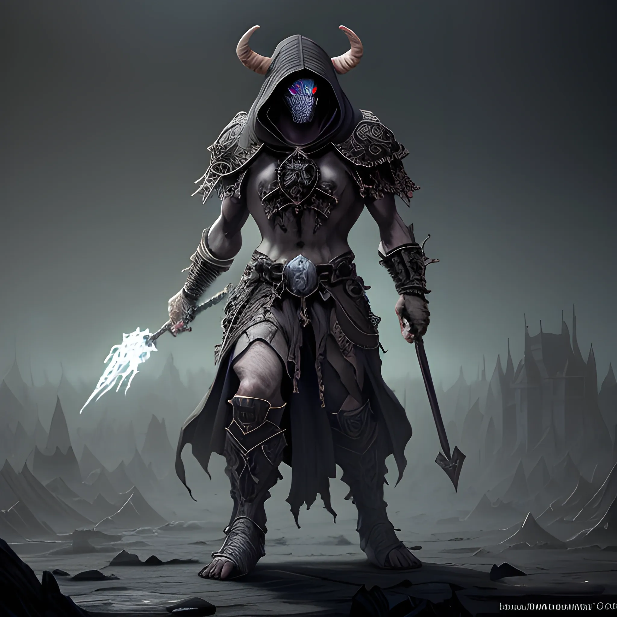 necromancer, Minotaur, hood, black robe, white mask, full body view, 8k, high resolution, high quality, photorealistic, hyperealistic, detailed, detailed matte painting, deep color, fantastical, intricate detail, splash screen, complementary colors, fantasy concept art, 8k resolution trending on Artstation Unreal Engine 5