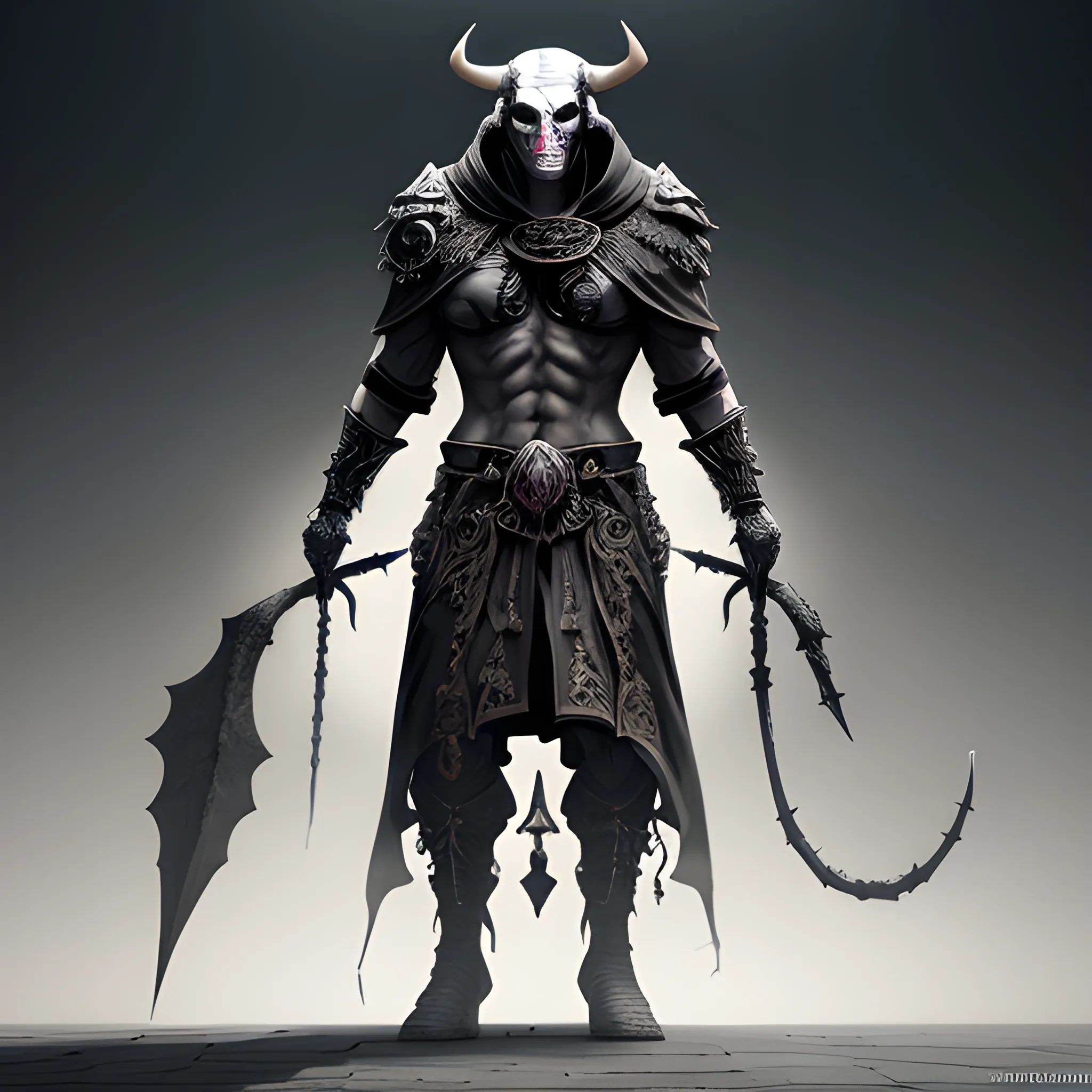 necromancer, Minotaur, hood, black robe, all white mask, full body view, 8k, high resolution, high quality, photorealistic, hyperealistic, detailed, detailed matte painting, deep color, fantastical, intricate detail, splash screen, complementary colors, fantasy concept art, 8k resolution trending on Artstation Unreal Engine 5