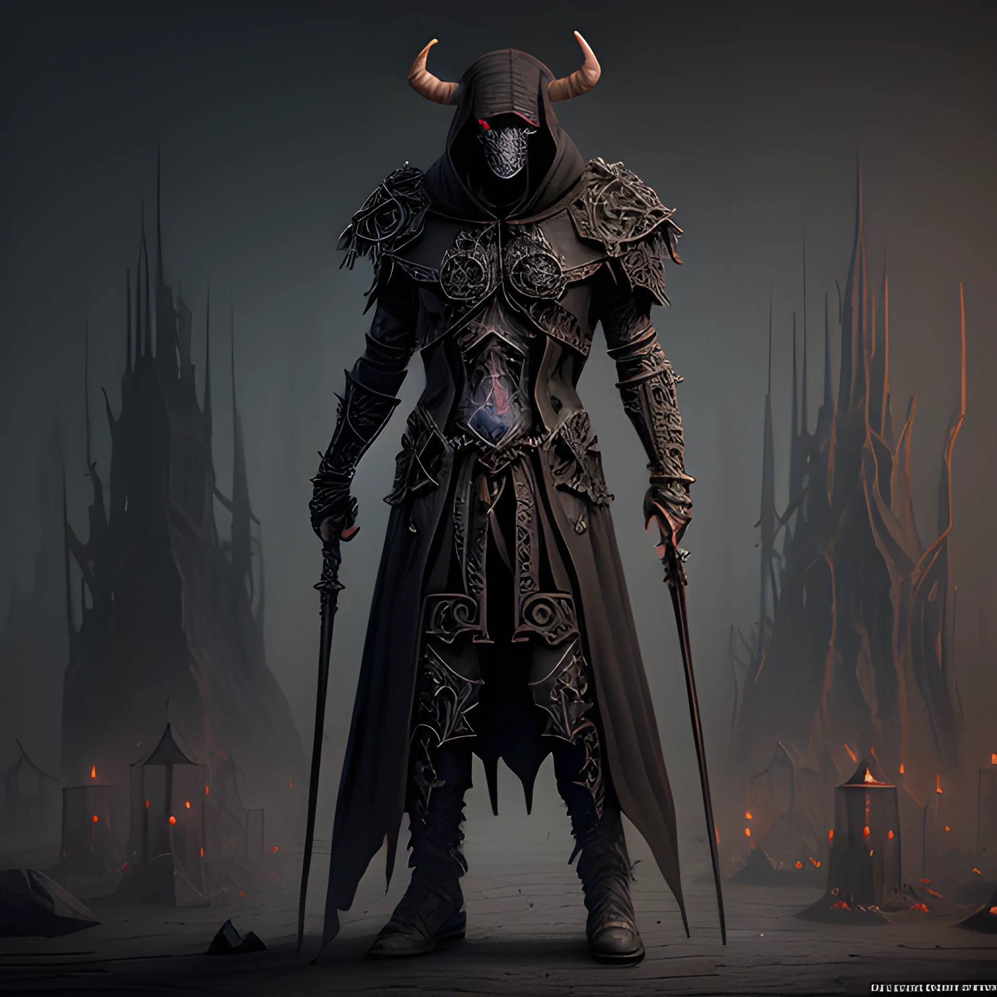 necromancer, Minotaur, hood, black clothes, overcoat, dark mask, full body view, 8k, high resolution, high quality, photorealistic, hyperealistic, detailed, detailed matte painting, deep color, fantastical, intricate detail, splash screen, complementary colors, fantasy concept art, 8k resolution trending on Artstation Unreal Engine 5