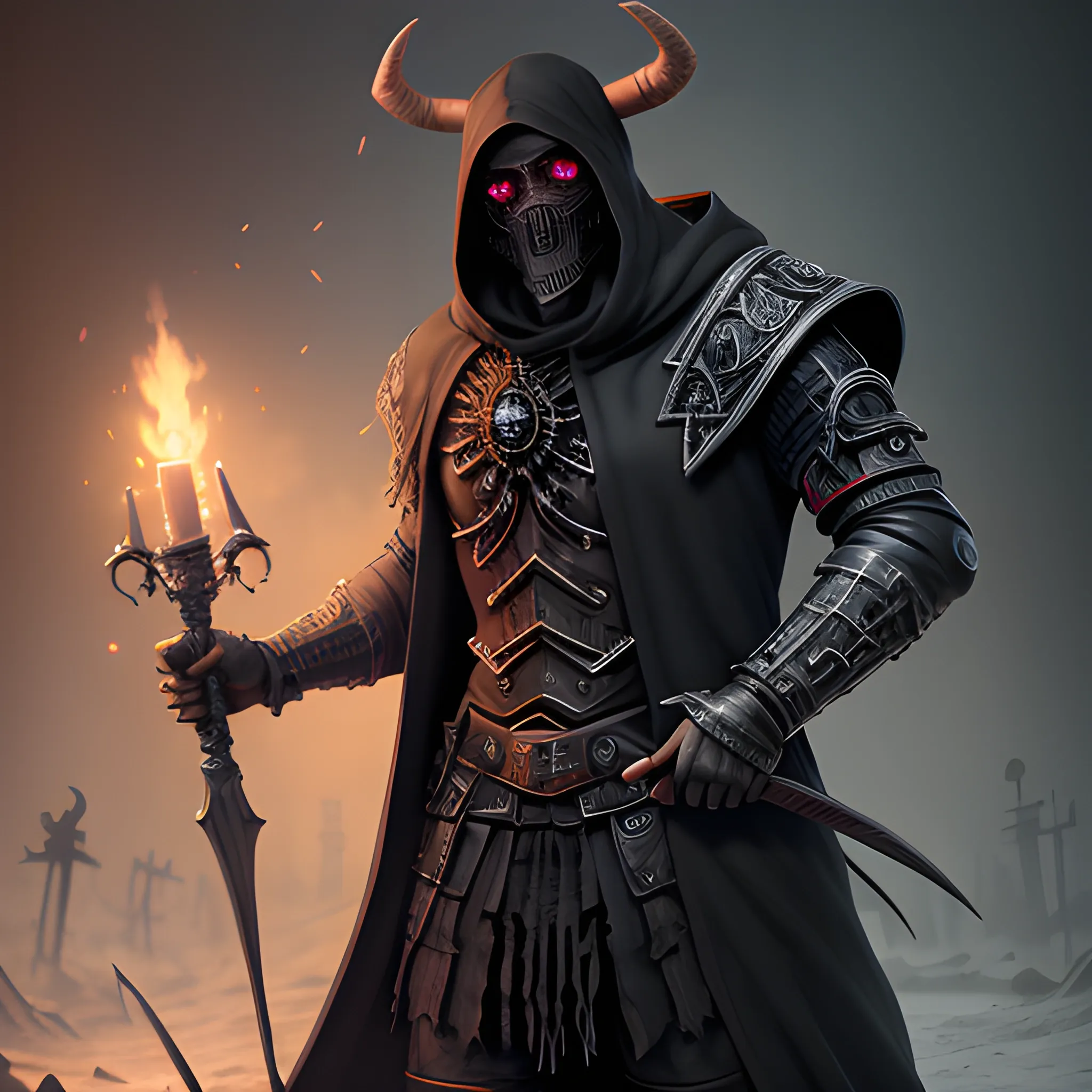 necromancer, Minotaur, hood, black clothes, overcoat, dark mask,old pistol, full body view, 8k, high resolution, high quality, photorealistic, hyperealistic, detailed, detailed matte painting, deep color, fantastical, intricate detail, splash screen, complementary colors, fantasy concept art, 8k resolution trending on Artstation Unreal Engine 5