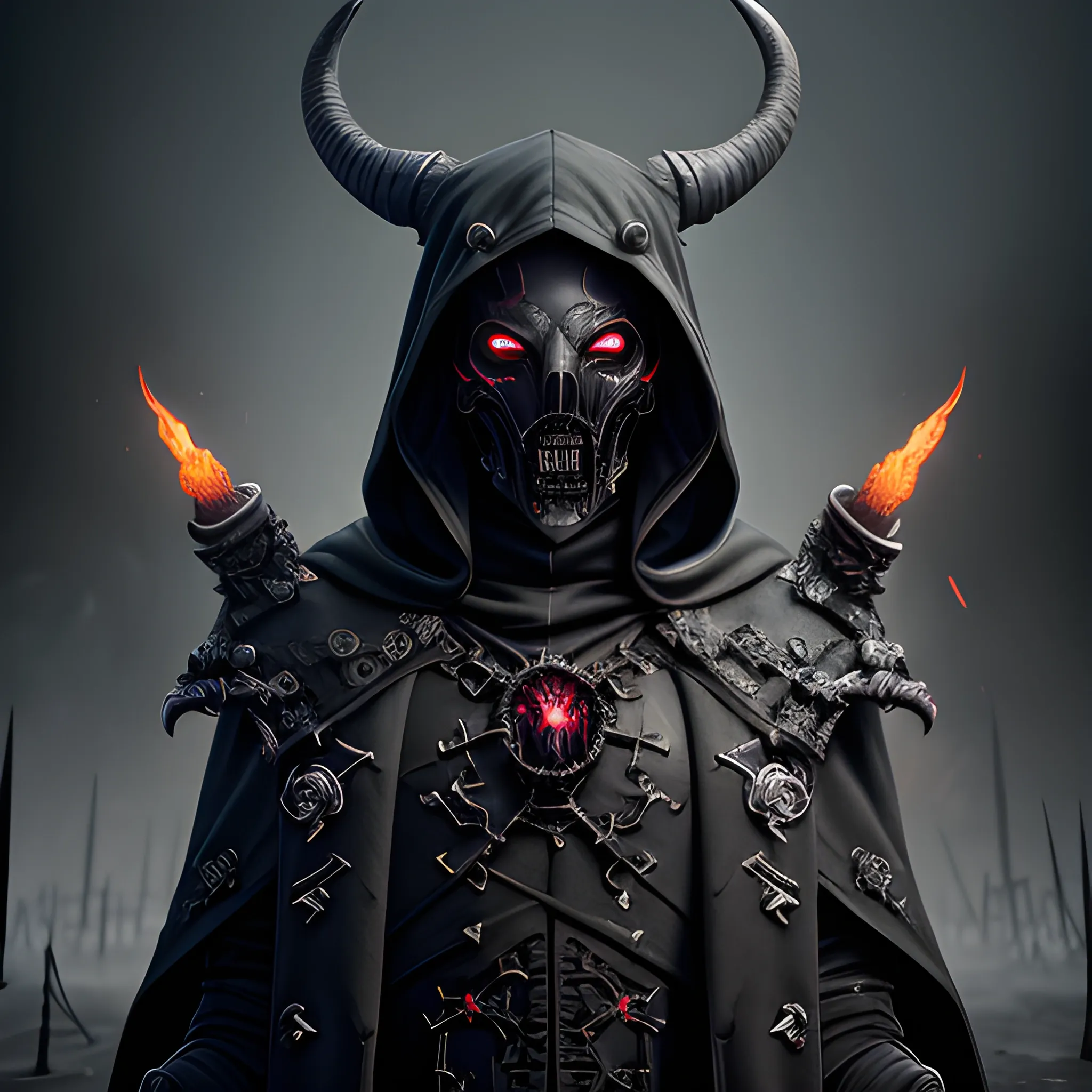 necromancer, horns, fire gun, hood, black clothes, overcoat, dark mask, full body view, 8k, high resolution, high quality, photorealistic, hyperealistic, detailed, detailed matte painting, deep color, fantastical, intricate detail, splash screen, complementary colors, fantasy concept art, 8k resolution trending on Artstation Unreal Engine 5