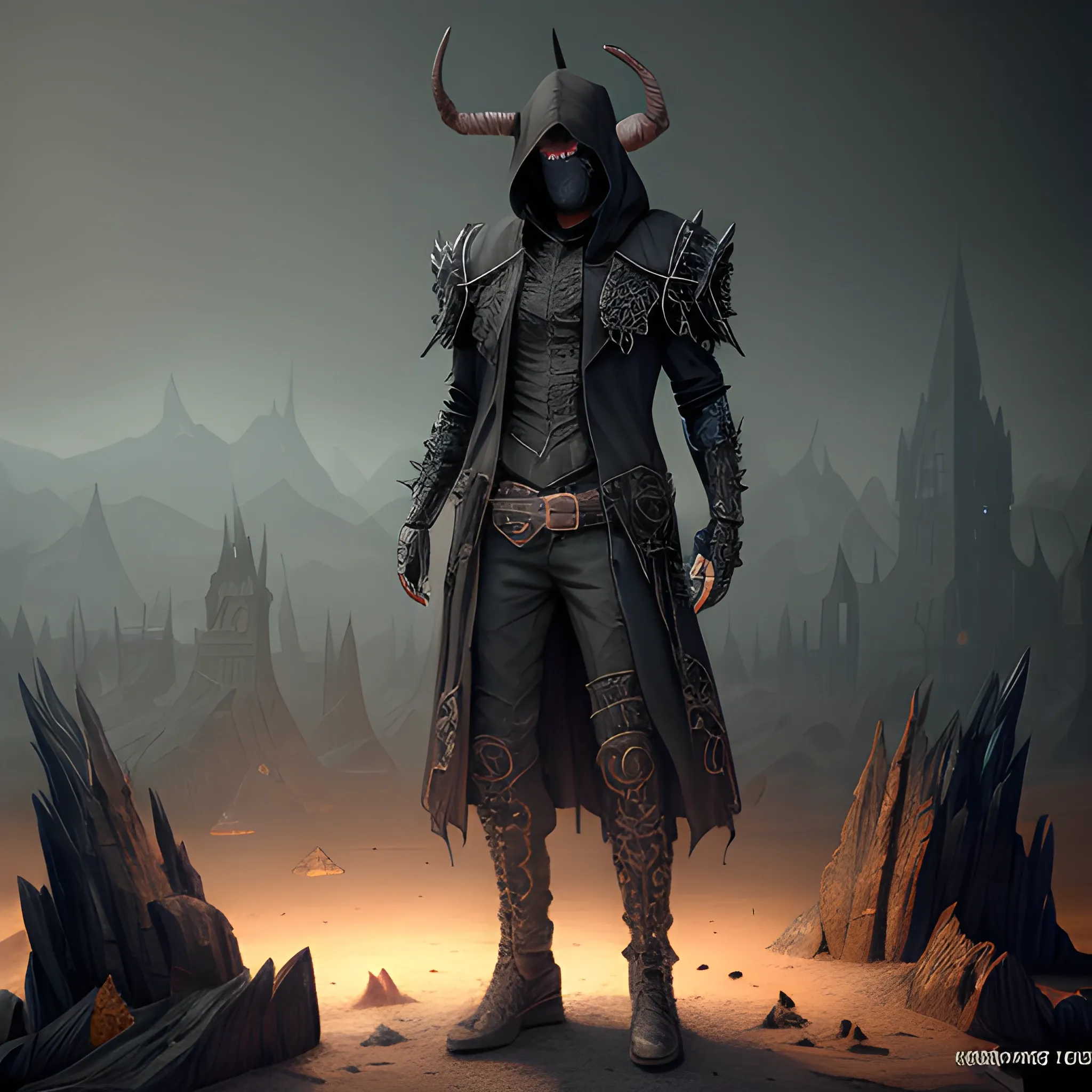 necromancer, horns, gunslinger, hood, black clothes, overcoat, dark mask, full body view, 8k, high resolution, high quality, photorealistic, hyperealistic, detailed, detailed matte painting, deep color, fantastical, intricate detail, splash screen, complementary colors, fantasy concept art, 8k resolution trending on Artstation Unreal Engine 5