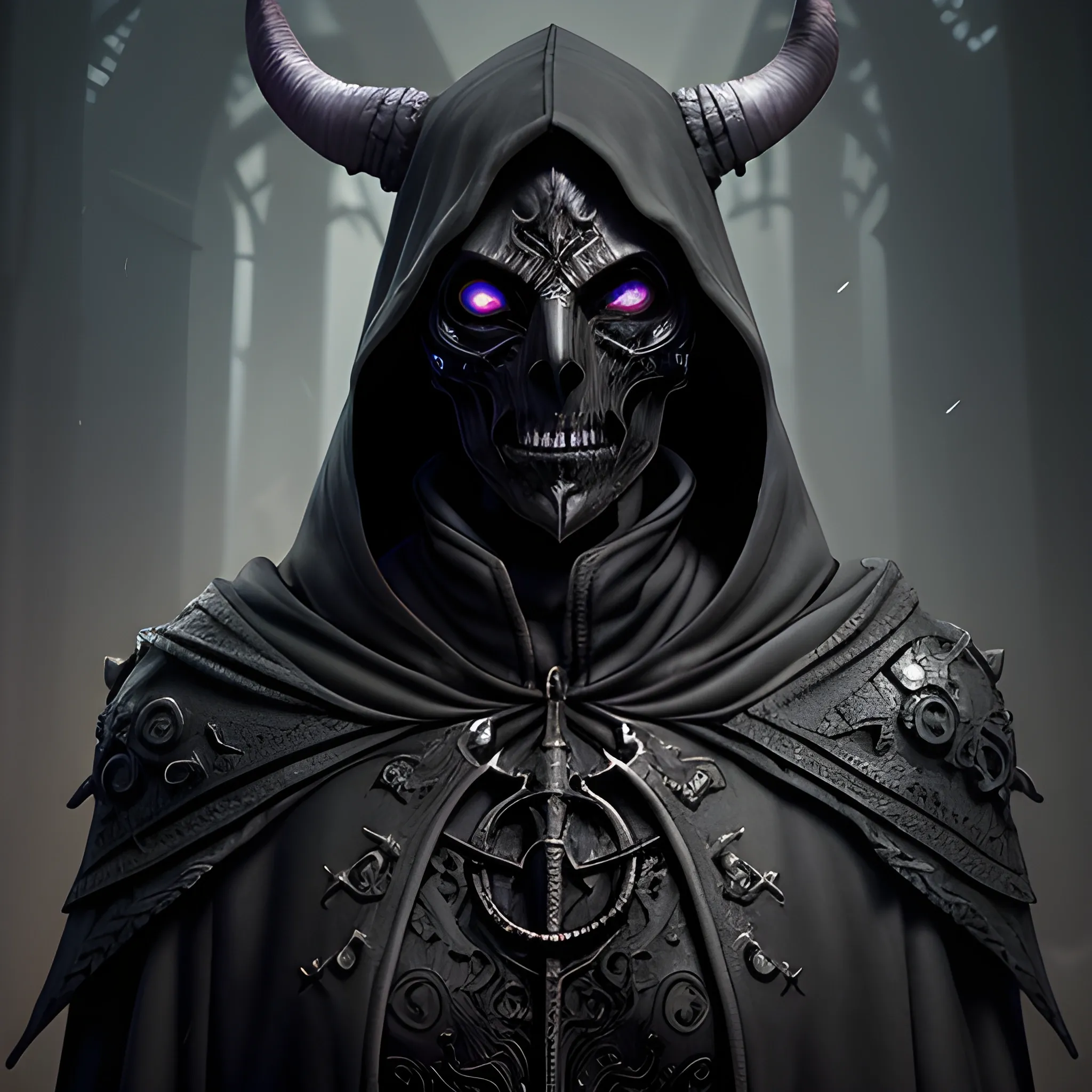 necromancer, horns, dagger,  hood, black clothes, overcoat, dark mask, full body view, 8k, high resolution, high quality, photorealistic, hyperealistic, detailed, detailed matte painting, deep color, fantastical, intricate detail, splash screen, complementary colors, fantasy concept art, 8k resolution trending on Artstation Unreal Engine 5