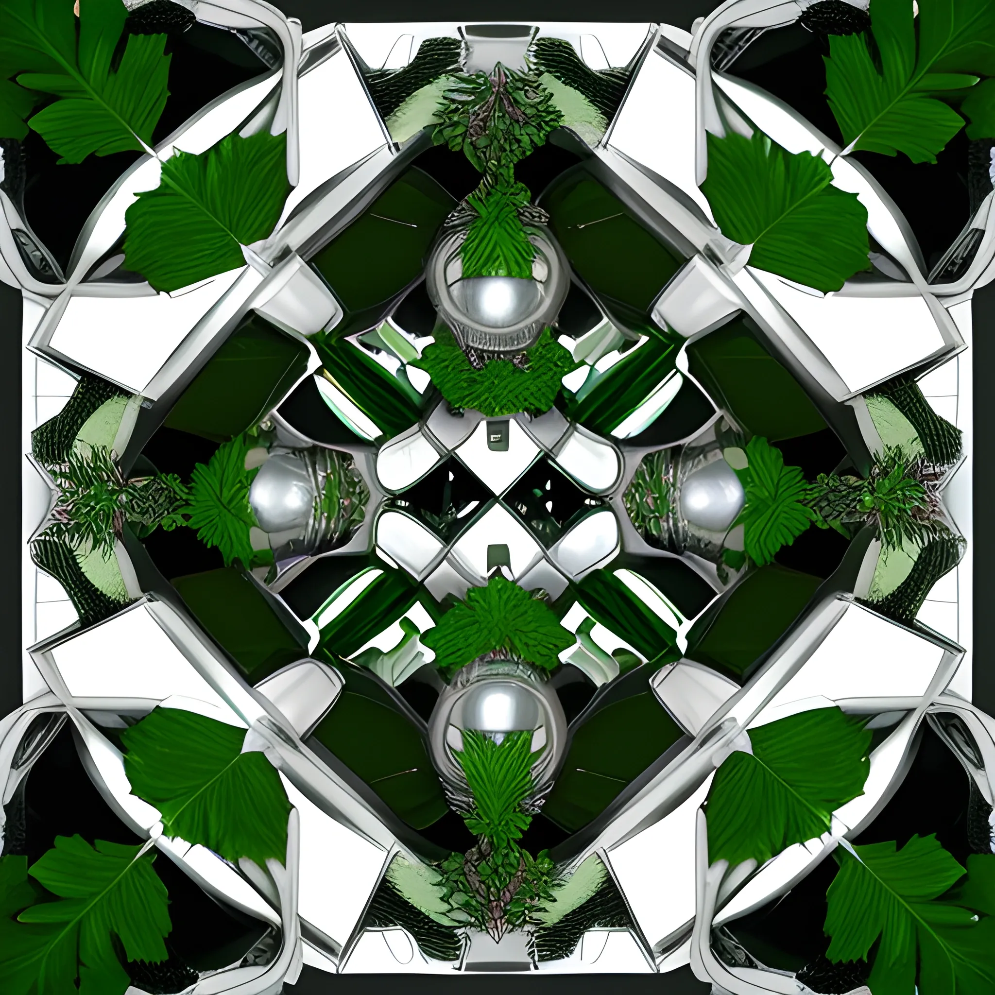 an image with leaves and green plants all around the center and the corners tangled with silver robotic hands and robotic heads in the corners with nothing in the middle
