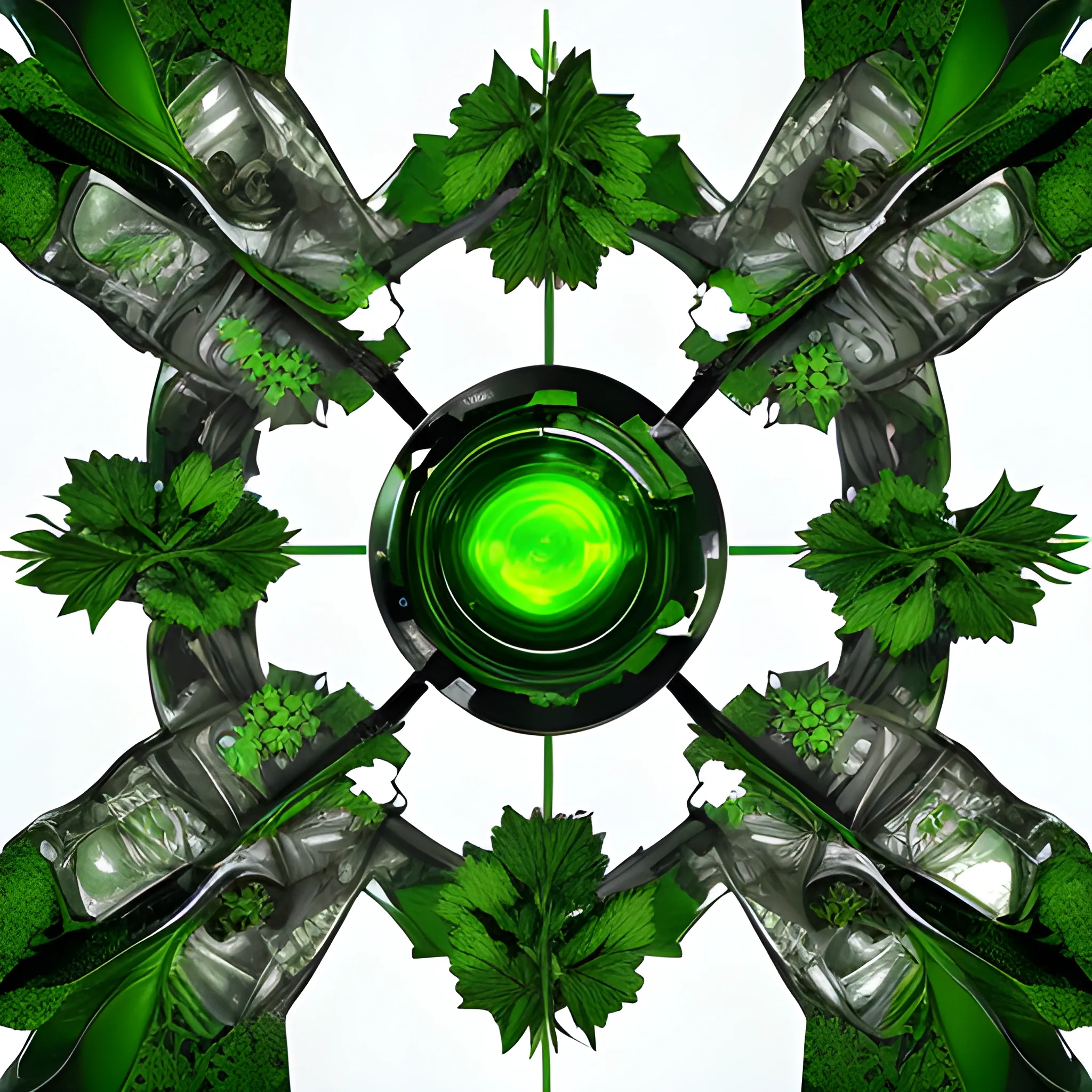 an image with leaves and green plants all around the center and the corners tangled with silver robotic hands and robotic heads in the corners with blured emptiness in the middle
