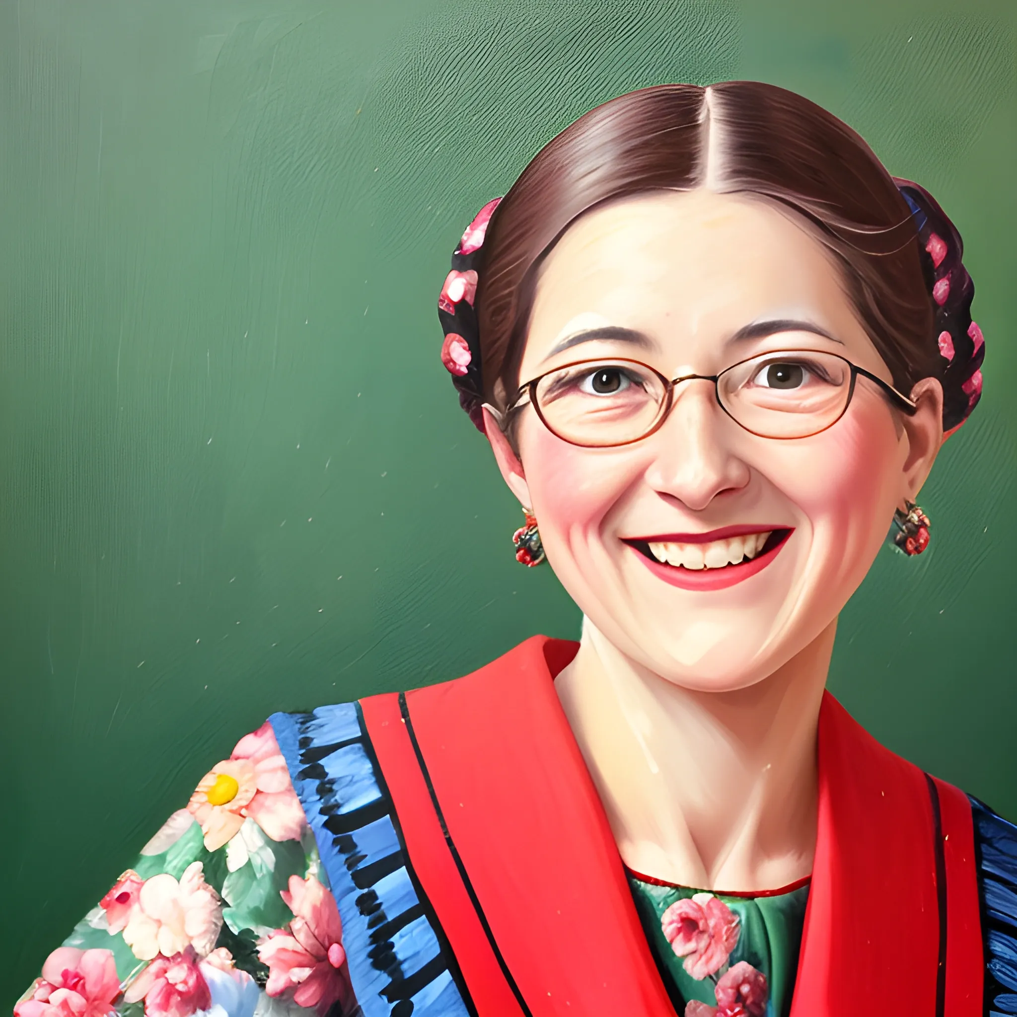 Female teacher, wearing beautiful clothes, with a joyful expression on her face. Photographed in original style, Oil Painting