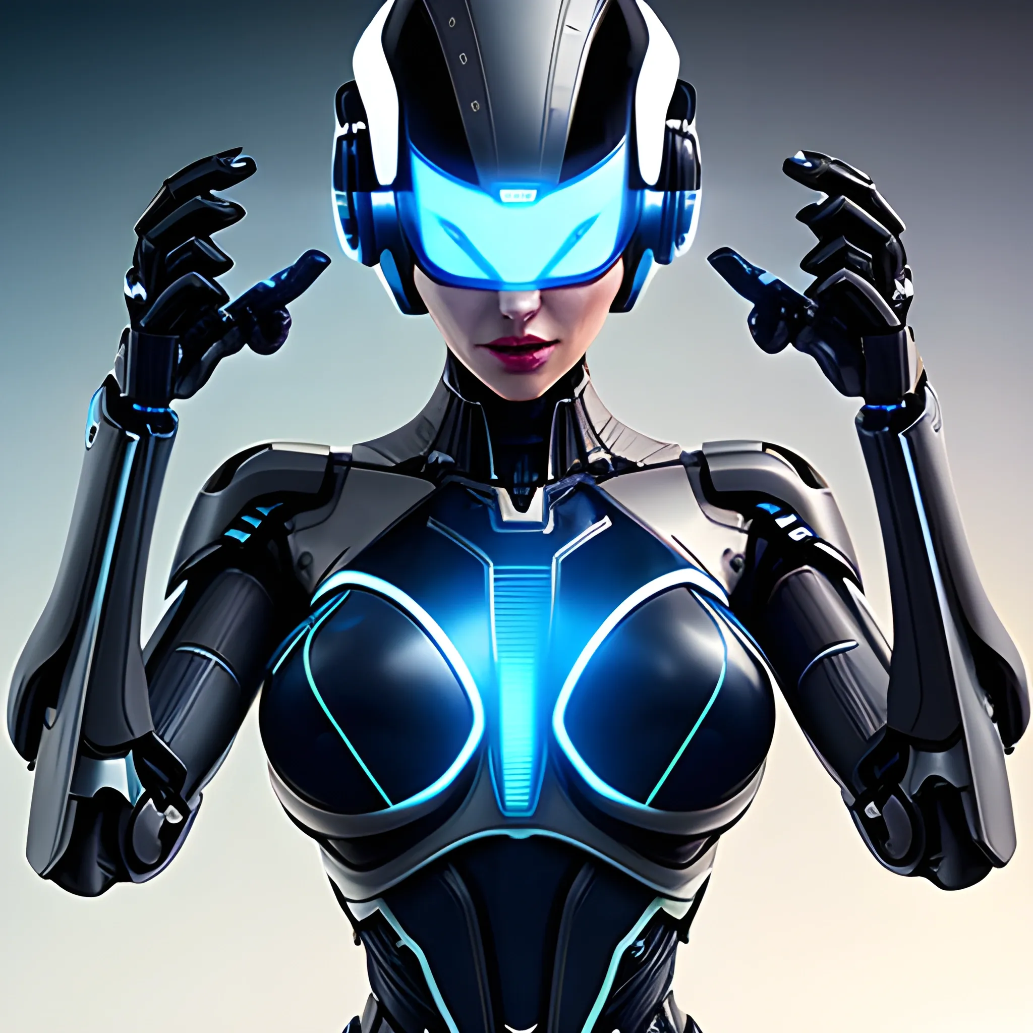 a woman in a futuristic suit with a futuristic helmet and a futuristic helmet on her head, 1girl, solo, breasts, looking_at_viewer, short_hair, blue_eyes, black_hair, cleavage, medium_breasts, parted_lips, lips, bodysuit, cleavage_cutout, science_fiction, realistic, nose, android, joints, mechanical_arms, cyborg, robot_joints, cyberpunk