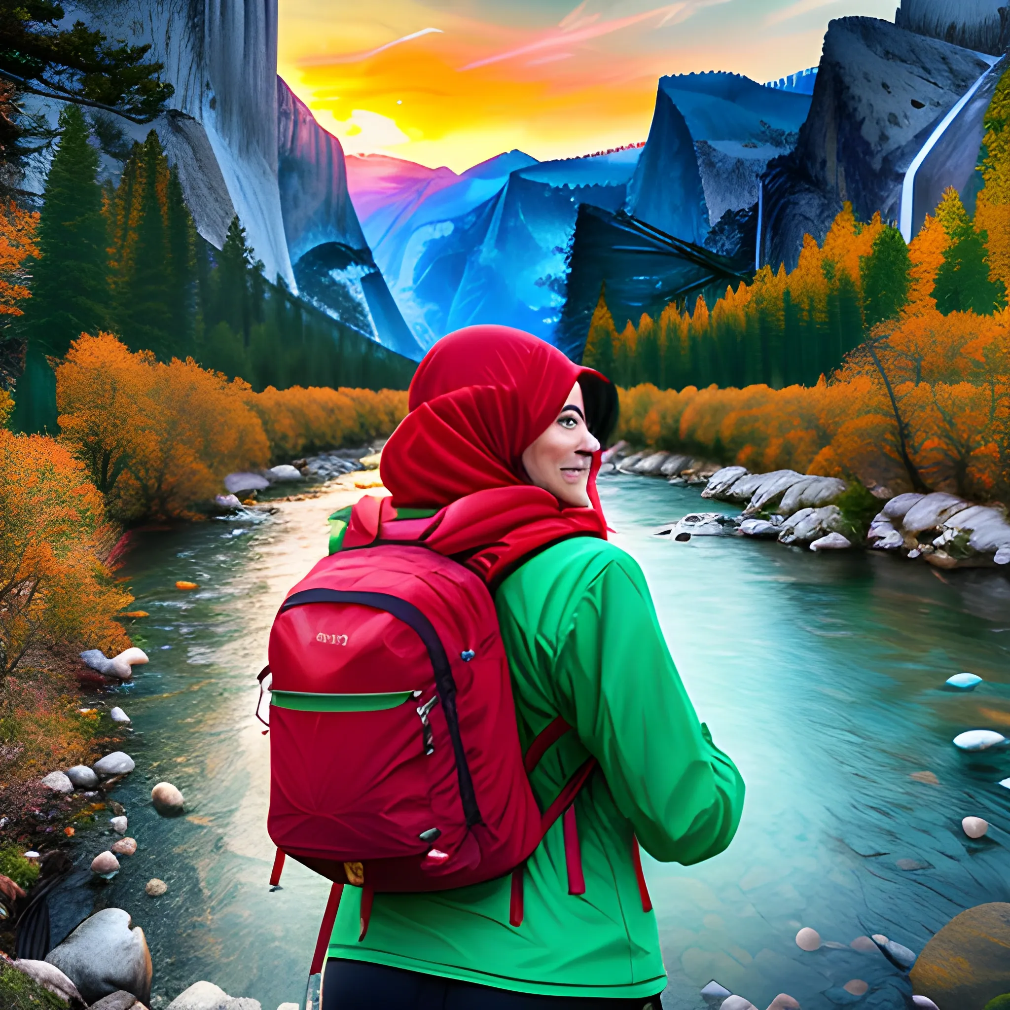 Photo of nice girl with a green scarf in the Paradise, background view is a sunrise above clouds with glorious colours, like the pristine scenery of nature, smiling, (yosemite:1.3), a backpack, red top, hiking jacket, rocks, river, wood, analog style (look at viewer:1.2) (skin texture), close up, sidelighting, Fujiflim XT3, DSLR, 50mm, Water Color