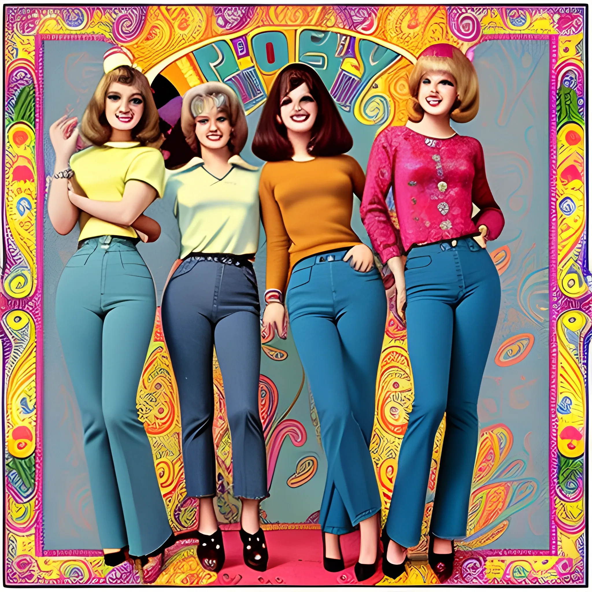 1960's music album cover pretty female, hippy, paisley, tight jeans