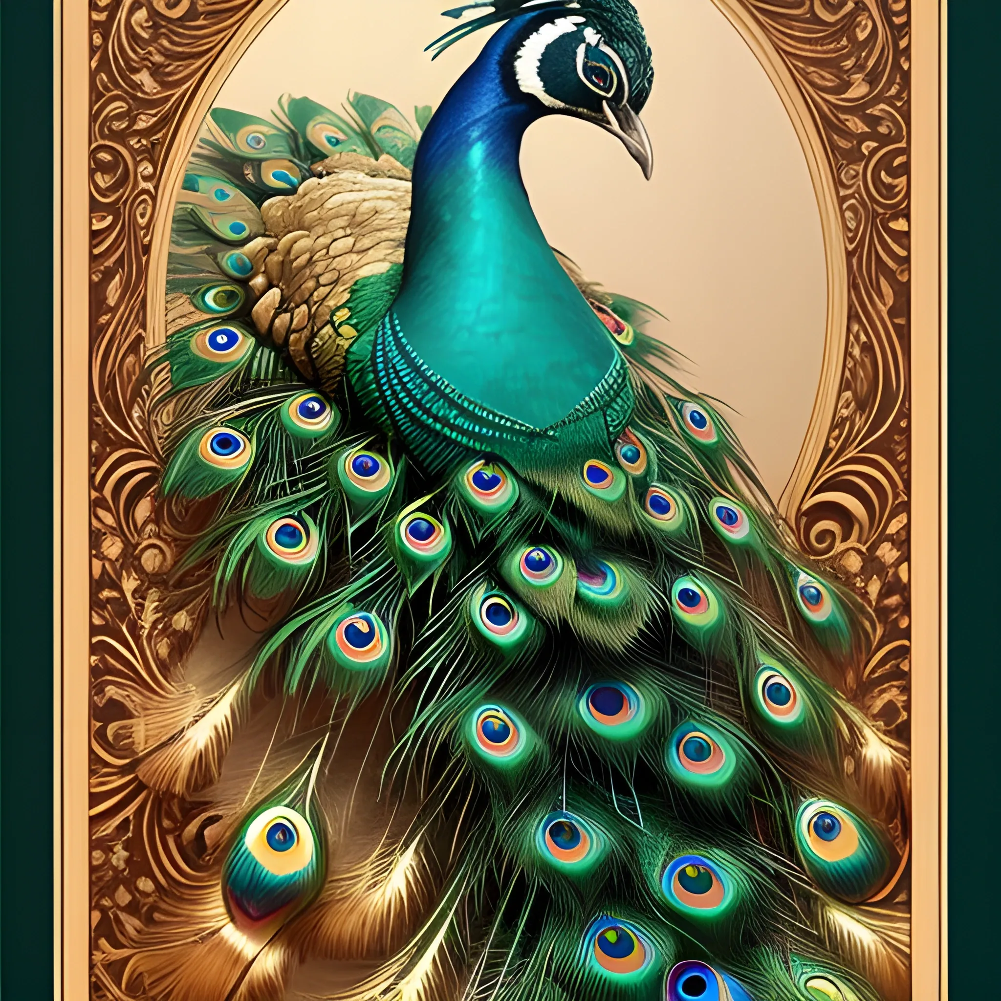 Exquisite portrayal of a majestic peacock in its full splendor, showcasing its resplendent plumage, intricate feather details, vibrant colors, graceful poise, and a captivating display of its mesmerizing tail feathers.