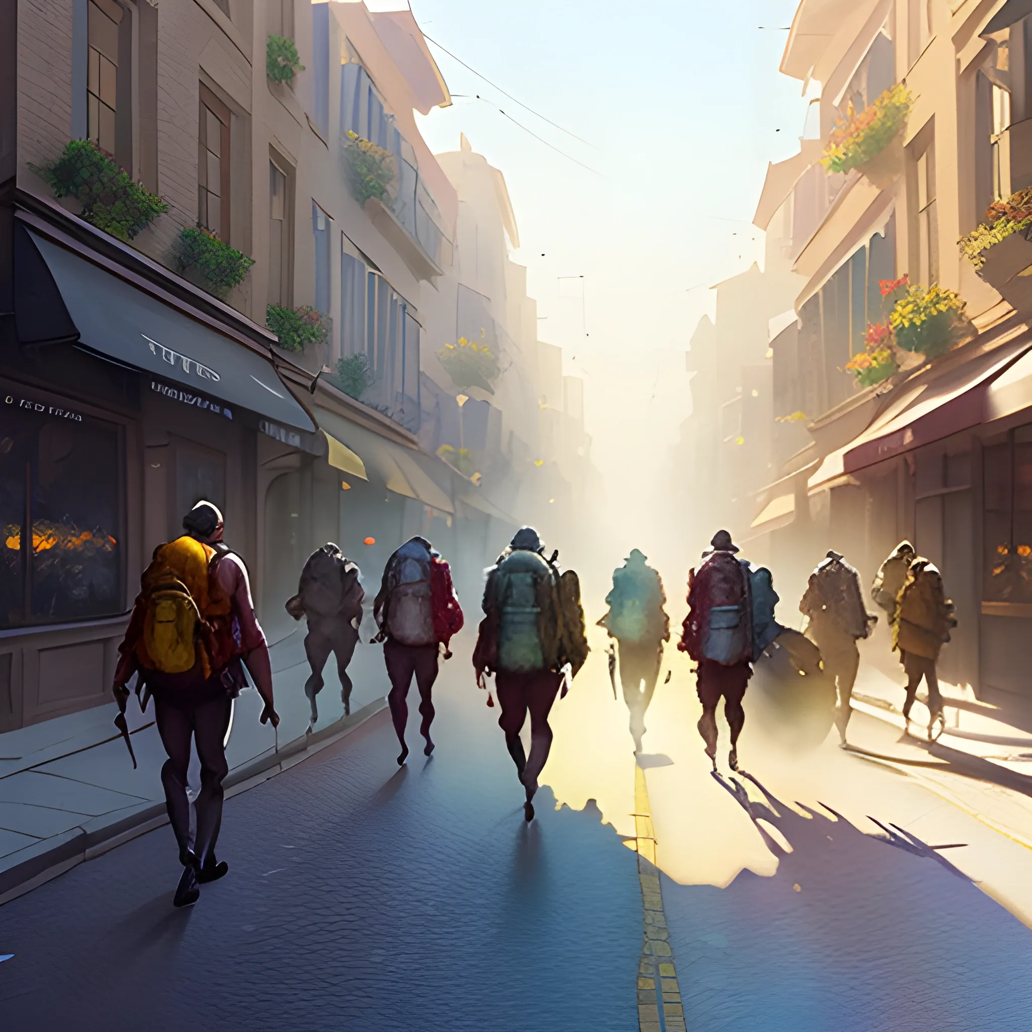 the GROUP of children with backpacks  are going at the light street, summer, watercolor, warm colors, by greg rutkowski, iridescent accents, ray tracing, product lighting, sharp, smooth, masterpiece
