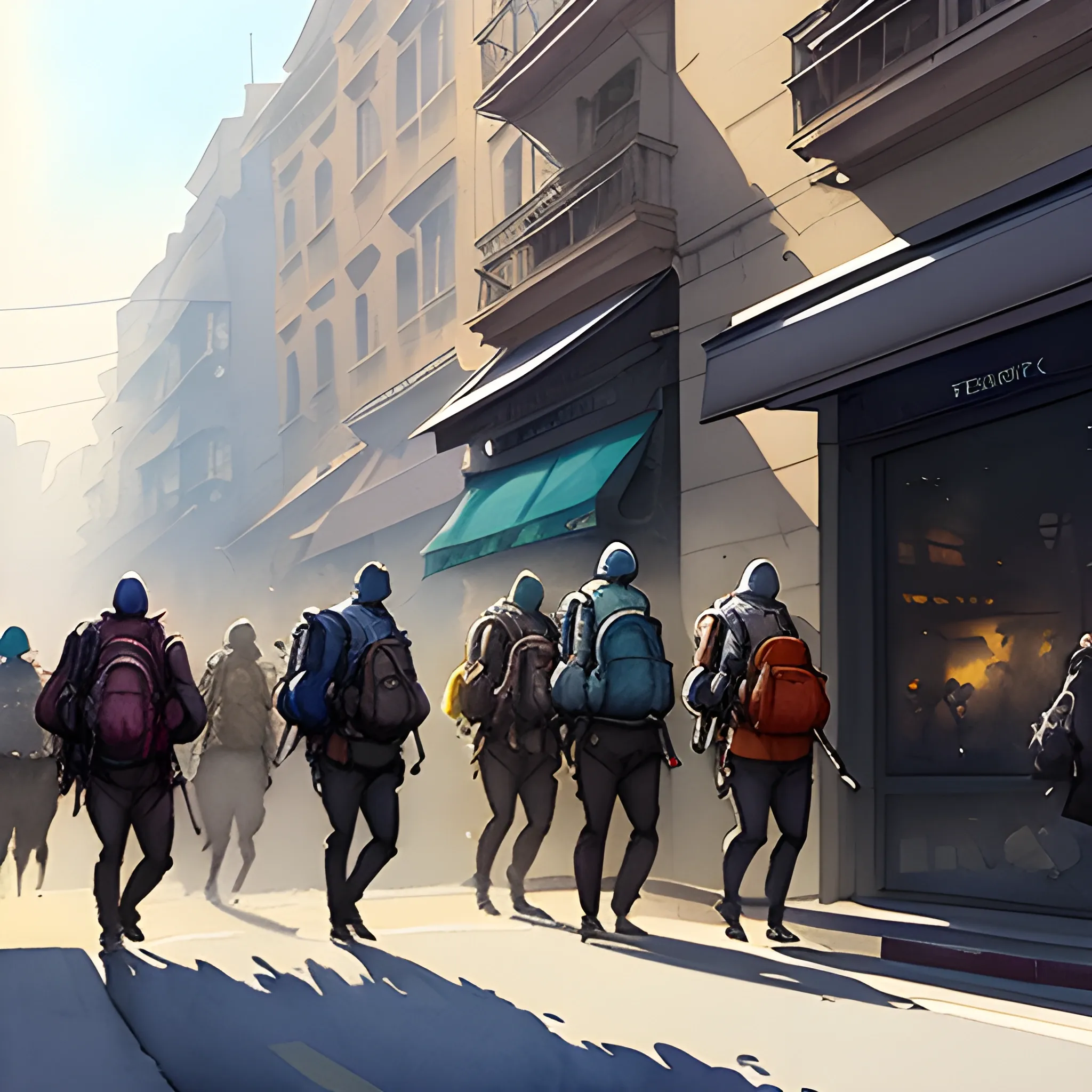 the GROUP of small children with backpacks  are going at the street, watercolor, warm colors, by greg rutkowski, iridescent accents, ray tracing, product lighting, sharp, smooth, masterpiece