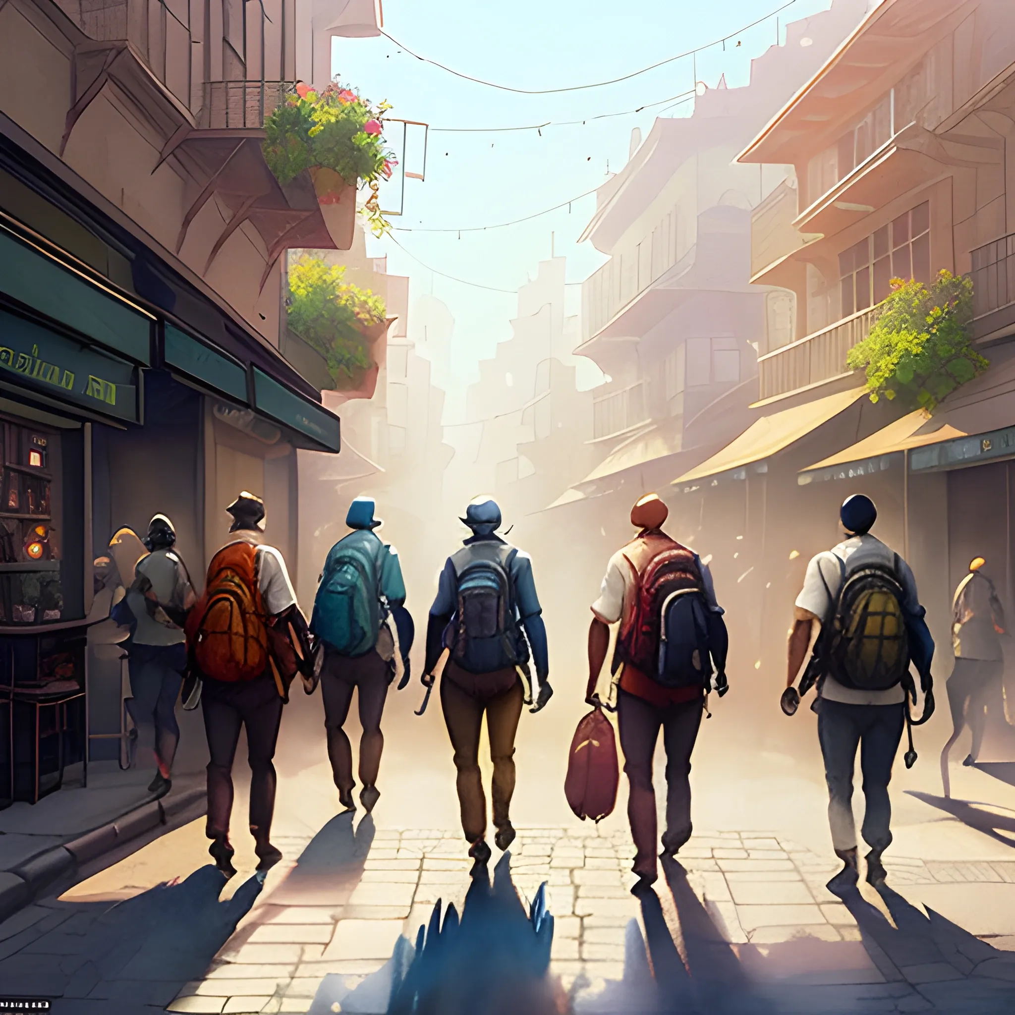 the GROUP of small children with backpacks  are going at the light street, summer, watercolor, warm colors, by greg rutkowski, iridescent accents, ray tracing, product lighting, sharp, smooth, masterpiece
