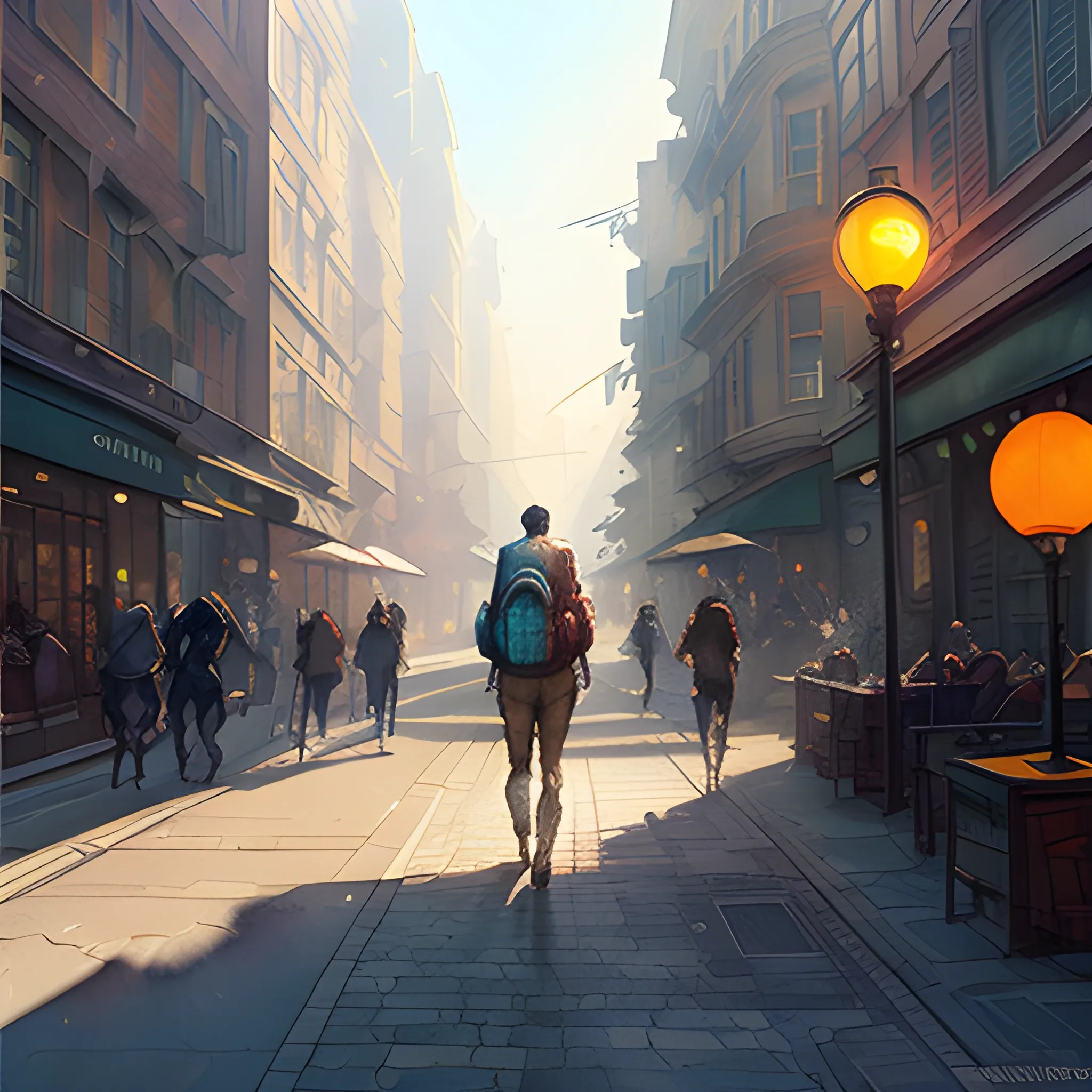 the small children with backpack  is going at the light street, summer, watercolor, warm colors, by greg rutkowski, iridescent accents, ray tracing, product lighting, sharp, smooth, masterpiece