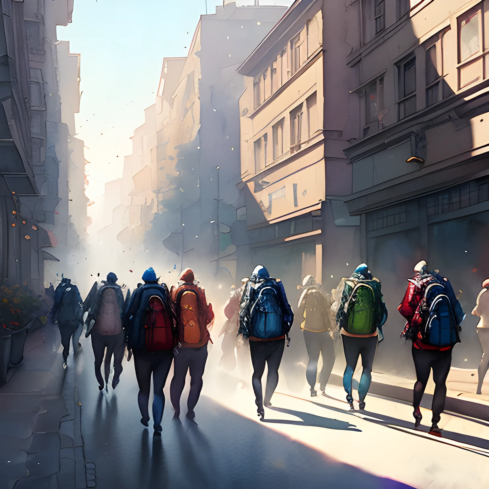 the GROUP of small children with school backpacks  are going at the street, watercolor, warm colors, by greg rutkowski, iridescent accents, ray tracing, product lighting, sharp, smooth, masterpiece