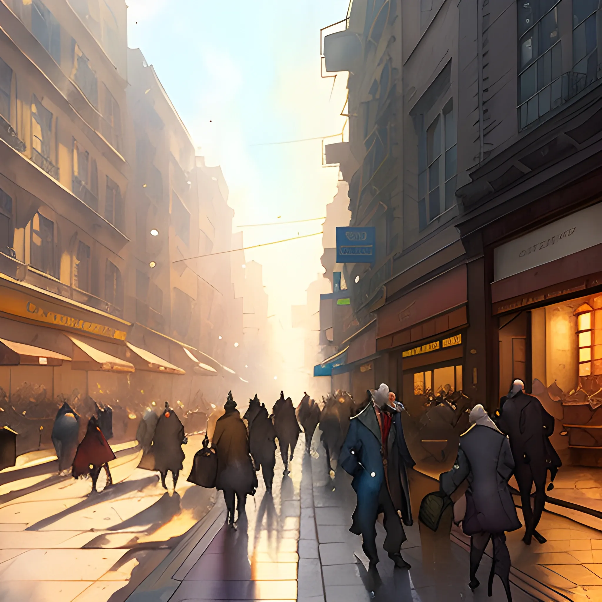 the GROUP of small children  are going at the street, watercolor, warm colors, by greg rutkowski, iridescent accents, ray tracing, product lighting, sharp, smooth, masterpiece