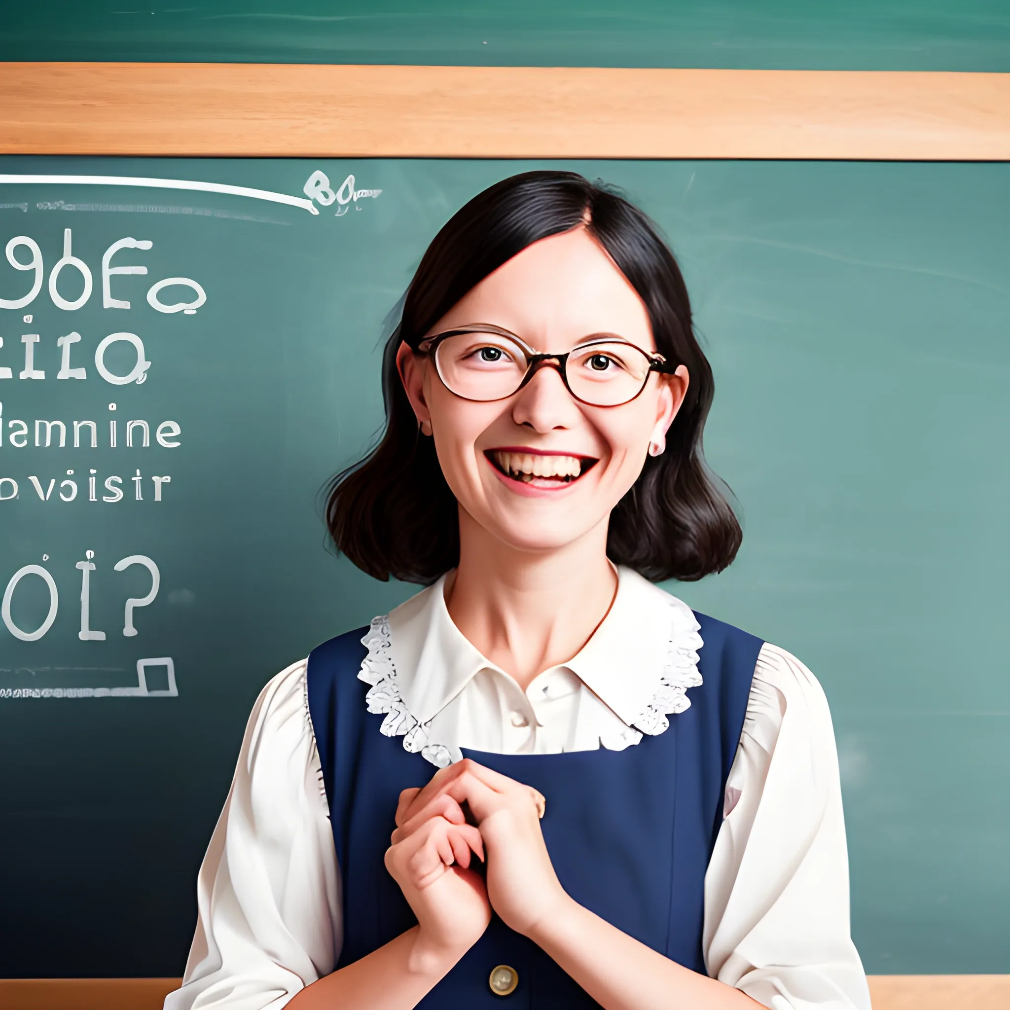 Female teacher, wearing beautiful clothes, with a joyful expression on her face. Photographed in original style