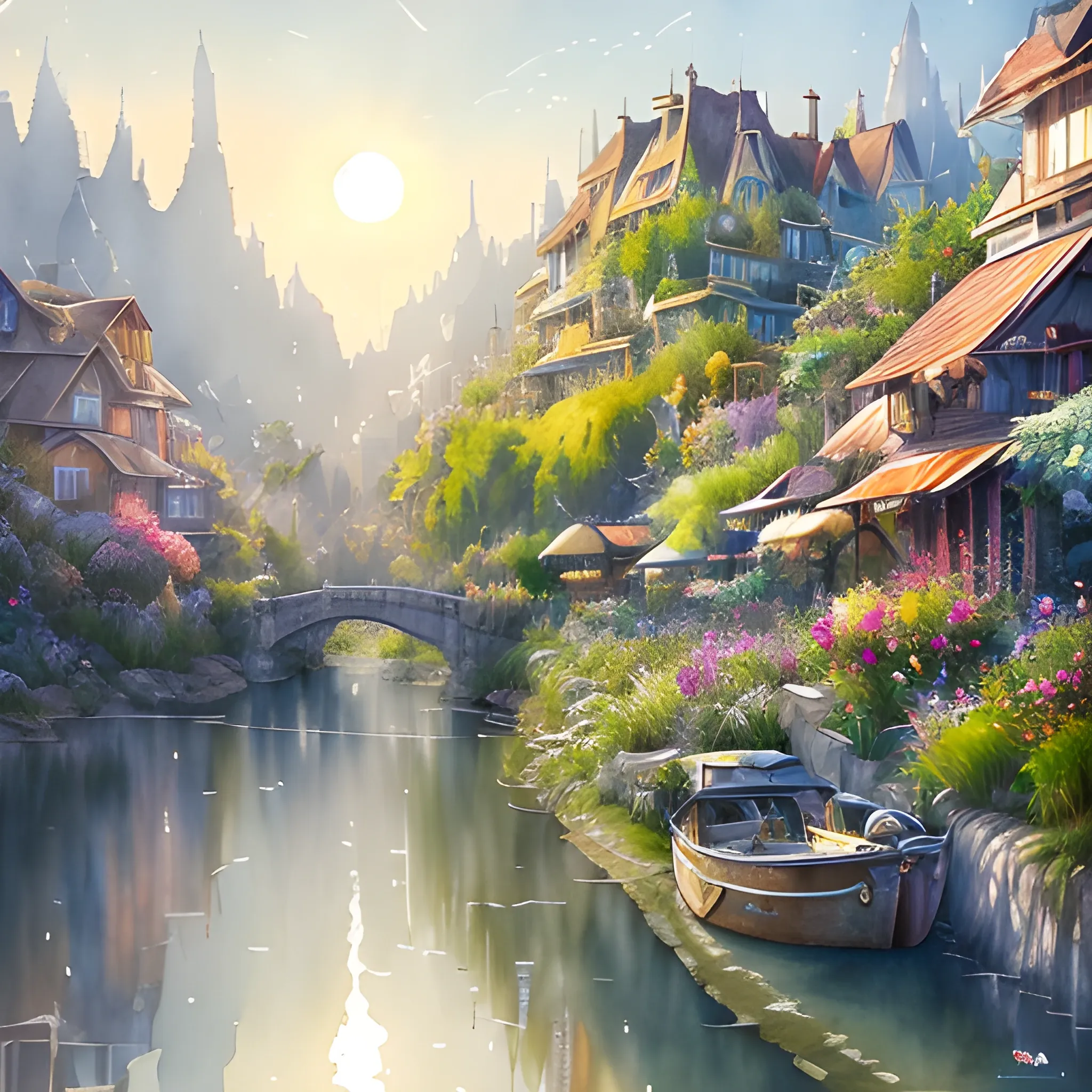 Beautiful happy picturesque charming sci-fi town in harmony with nature. Beautiful light. Water and plants. Nice colour scheme, soft warm colour. Beautiful detailed artistic watercolor by Vincent. (2022)